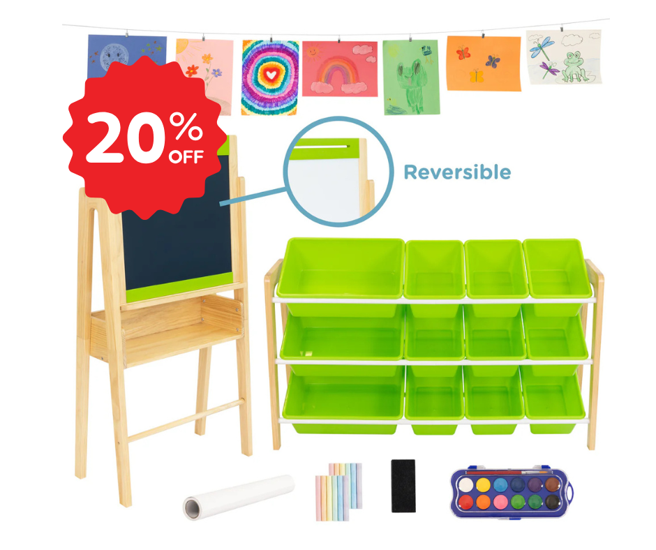 Humble Crew Double-Sided Art Easel for Kids with 12-Bin Storage Organizer and Art Supplies – Paint, Draw, and Create for Toddlers and Preschoolers