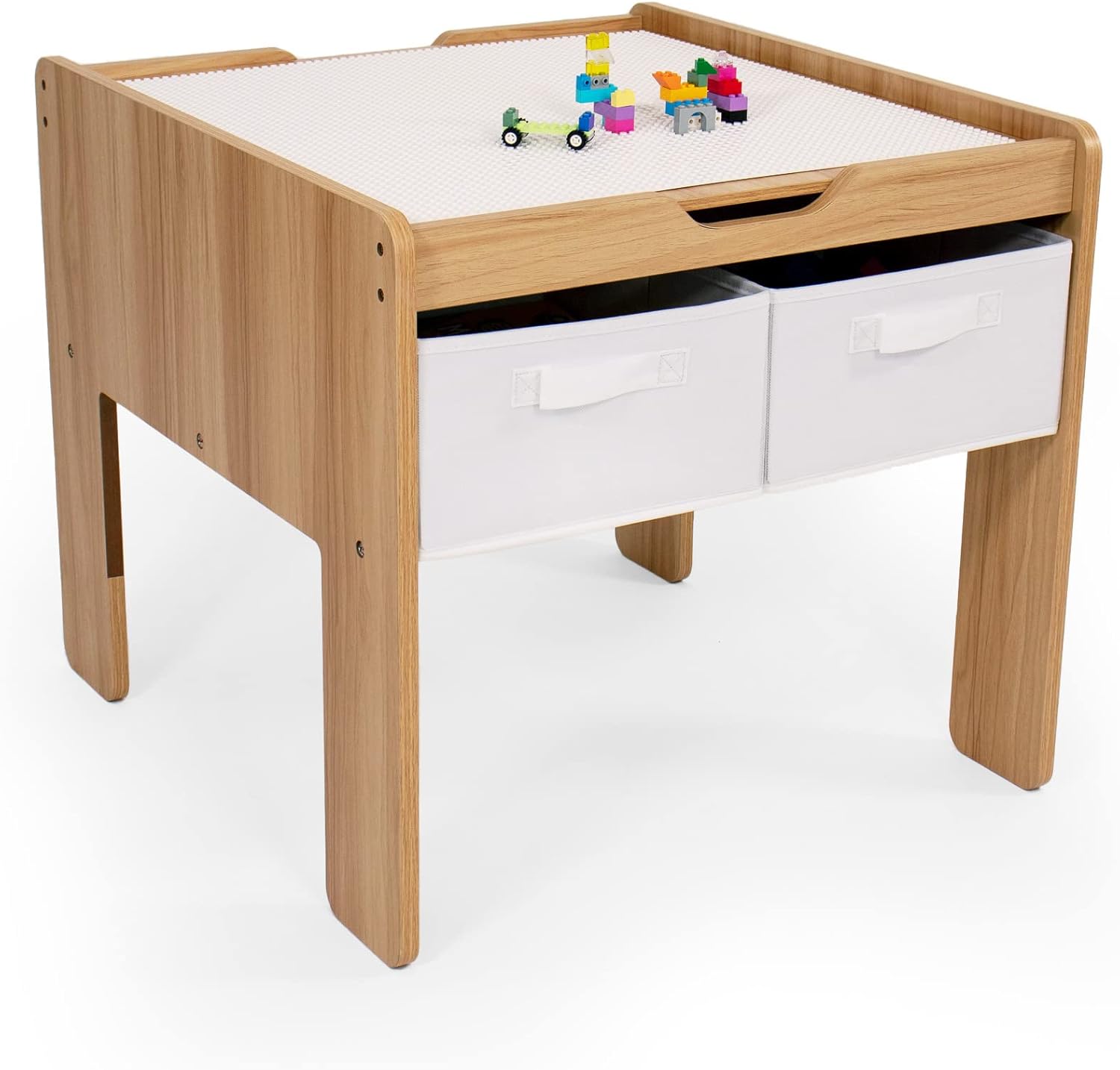 Humble Crew Journey Kids Wood Building Block-Compatible Construction Table with 4 Bins, White/Natural Wood