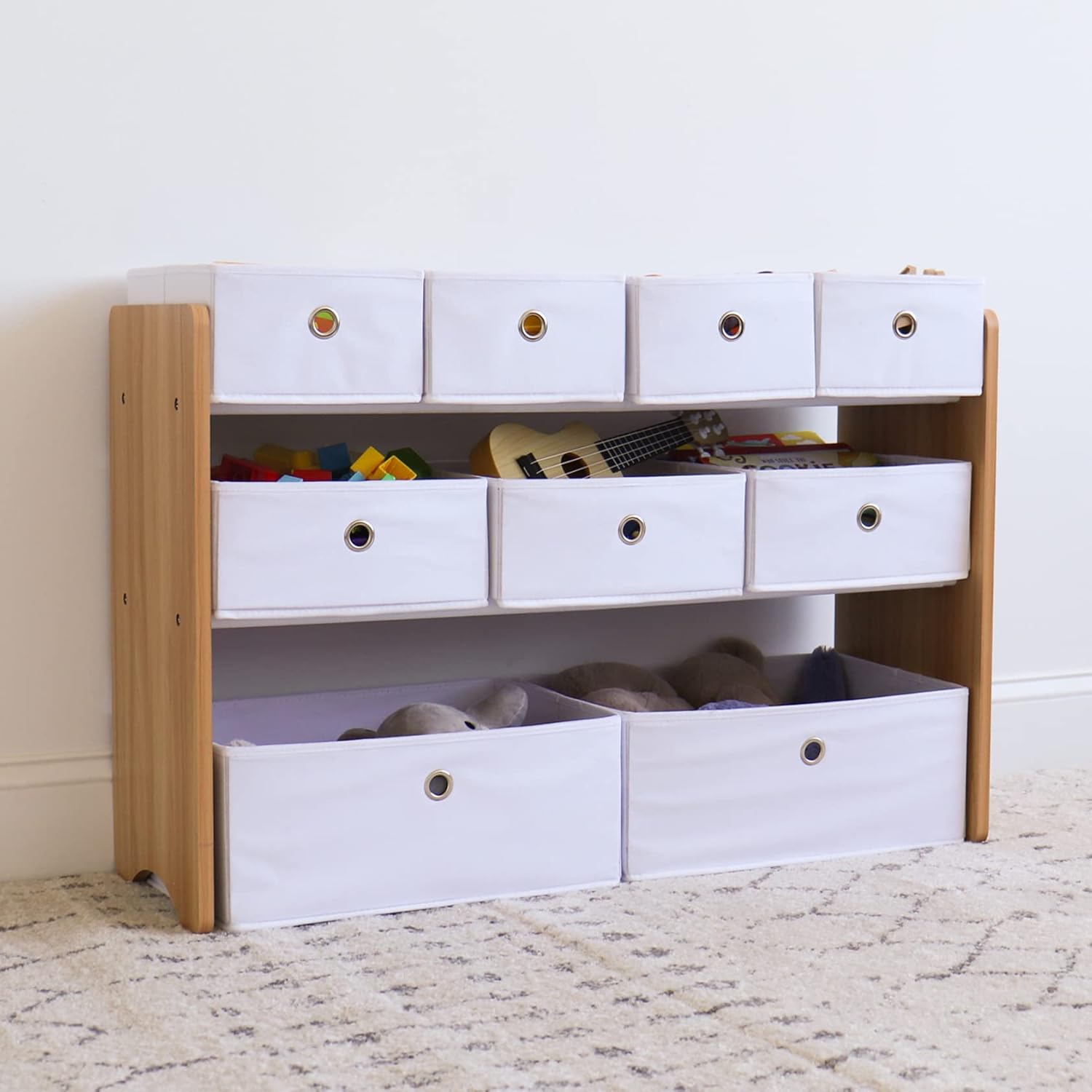 Humble Crew Journey Kids Toy Storage Organizer with 9 Collapsible Fabric Storage Bins, Natural Wood and White