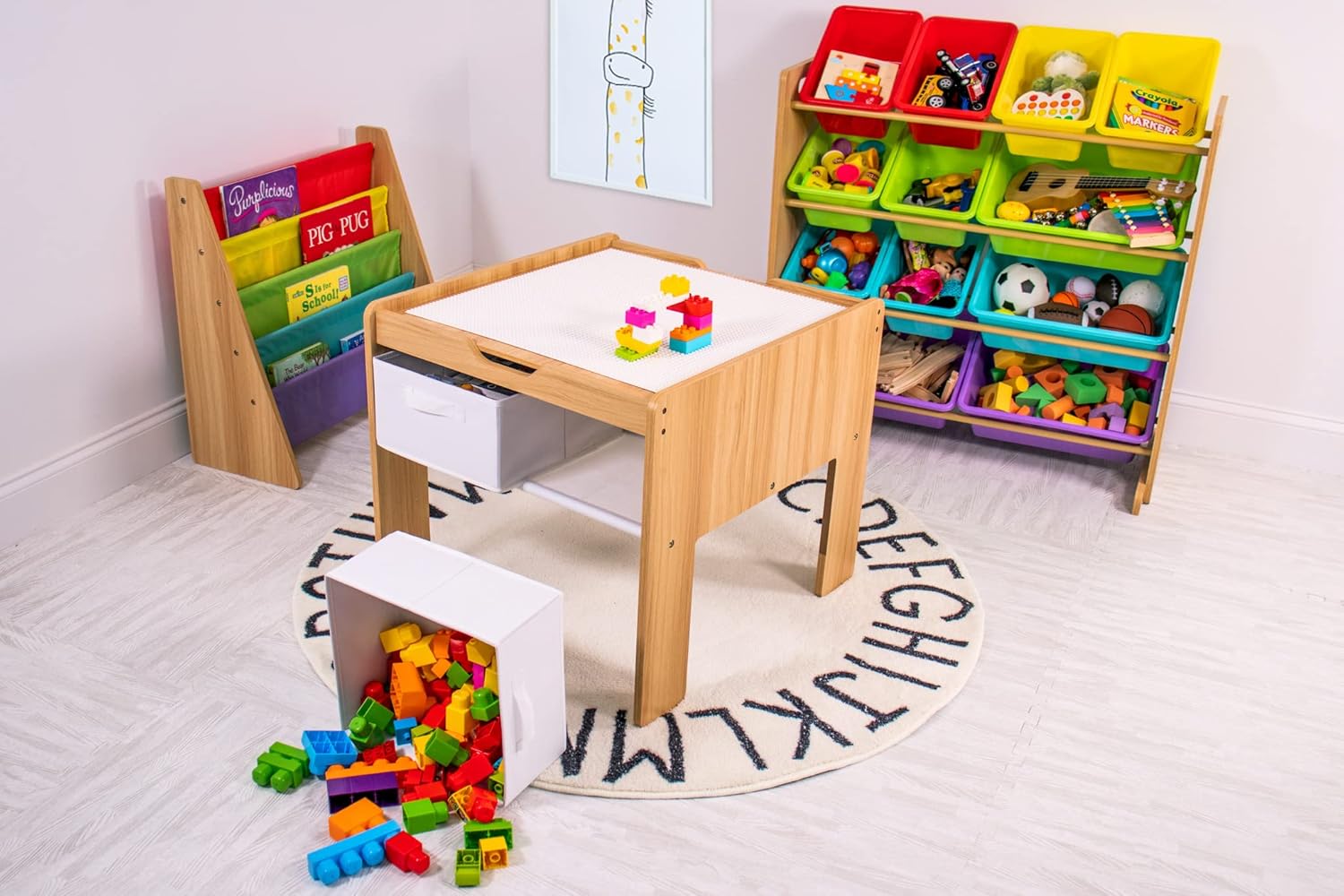 Humble Crew Journey Kids Wood Building Block-Compatible Construction Table with 4 Bins, White/Natural Wood