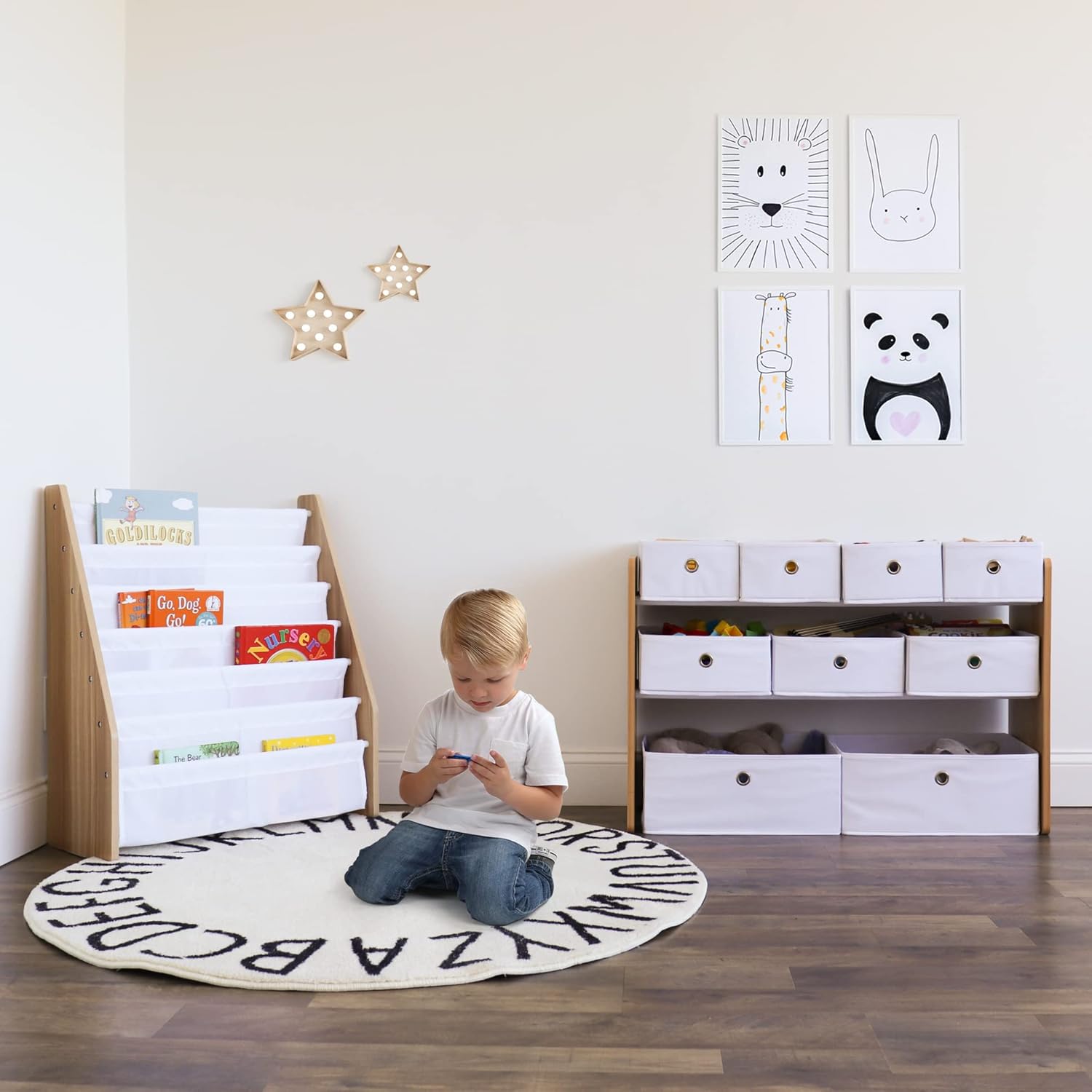Humble Crew Journey Kids Toy Storage Organizer with 9 Collapsible Fabric Storage Bins, Natural Wood and White