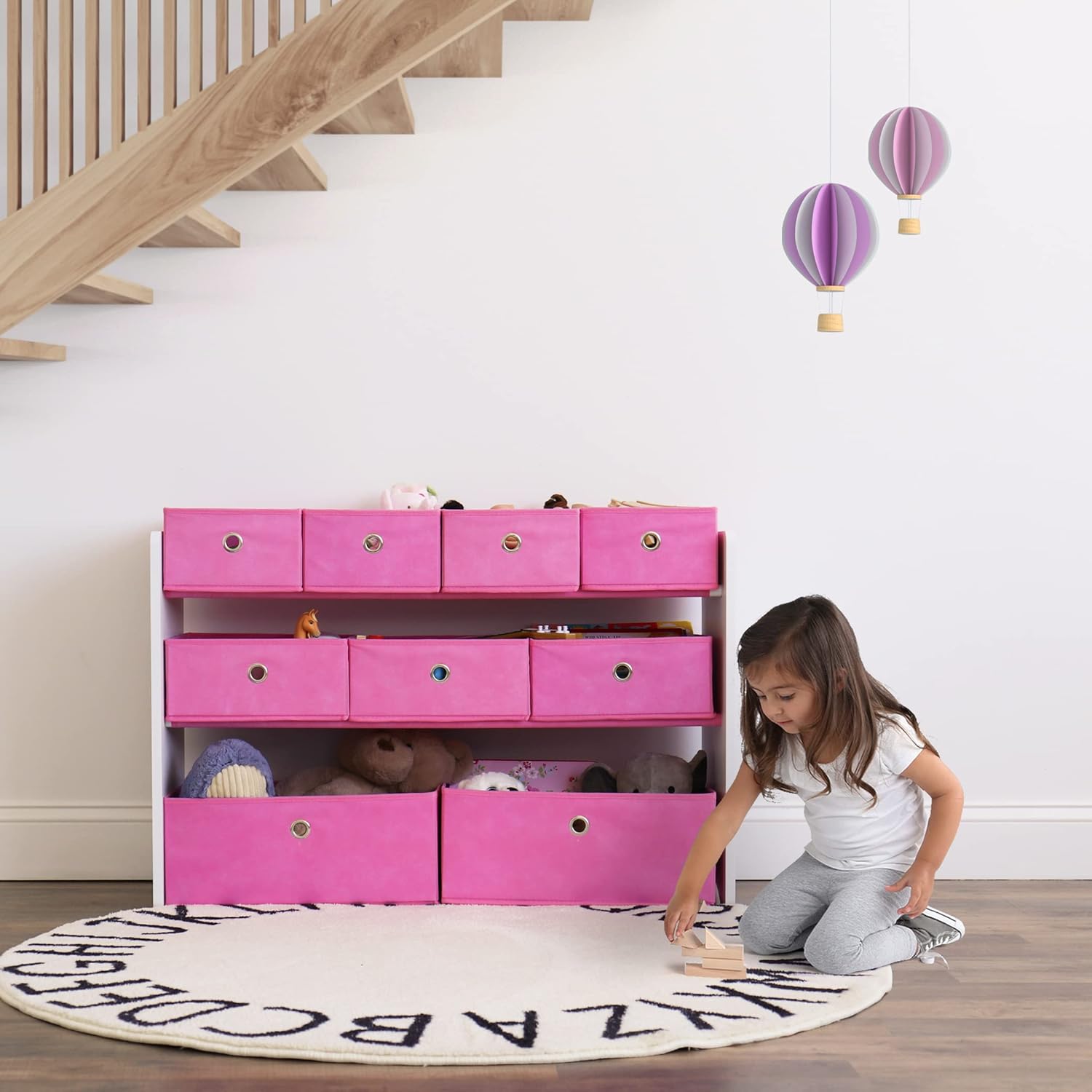 Humble Crew Carly Kids Toy Storage Organizer with 9 Collapsible Fabric Storage Bins, White and Pink