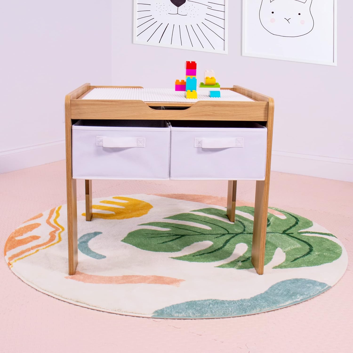Humble Crew Journey Kids Wood Building Block-Compatible Construction Table with 4 Bins, White/Natural Wood