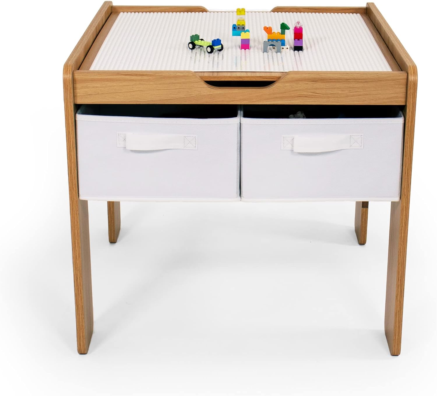 Humble Crew Journey Kids Wood Building Block-Compatible Construction Table with 4 Bins, White/Natural Wood