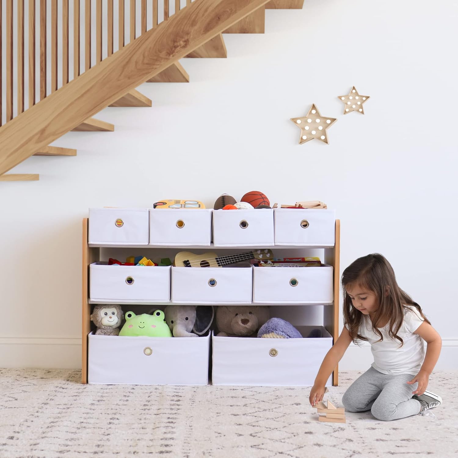Humble Crew Journey Kids Toy Storage Organizer with 9 Collapsible Fabric Storage Bins, Natural Wood and White