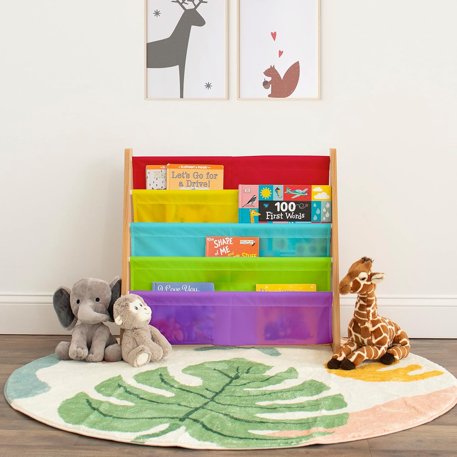 Humble Crew Kids Book Rack Storage Bookshelf, 4 Tiers, Rainbow/Natural Wood