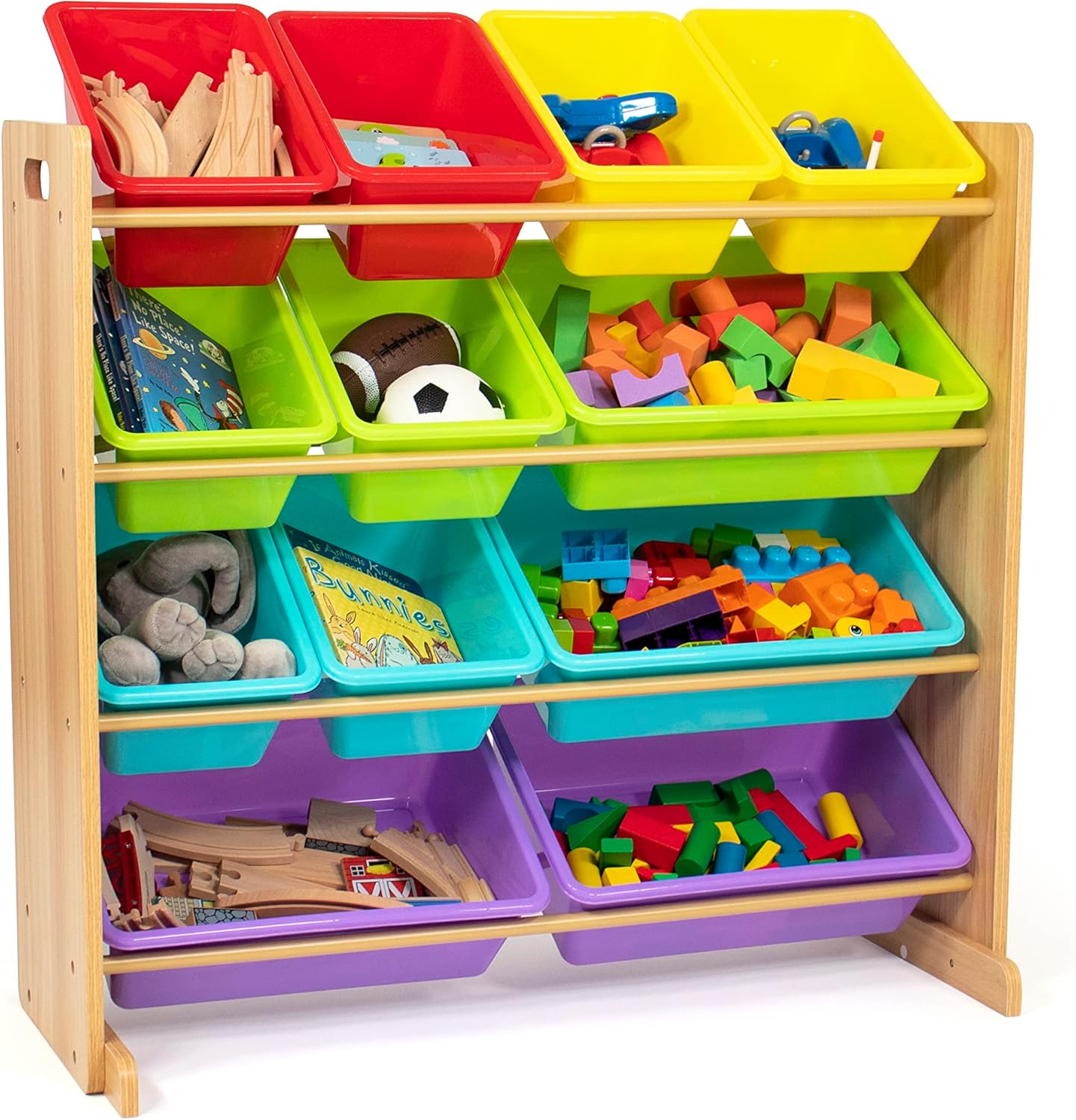Humble Crew Kids Toy Storage Organizer with 12 Storage Bins, Rainbow/Natural Wood