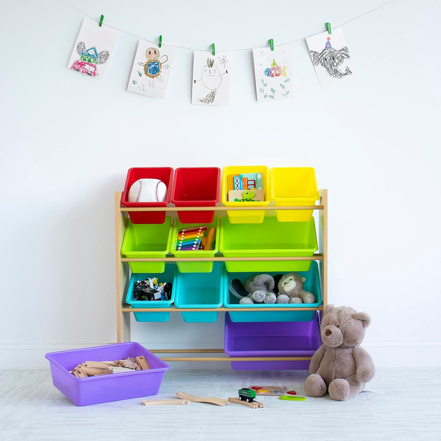 Humble Crew Kids Toy Storage Organizer with 12 Storage Bins, Rainbow/Natural Wood