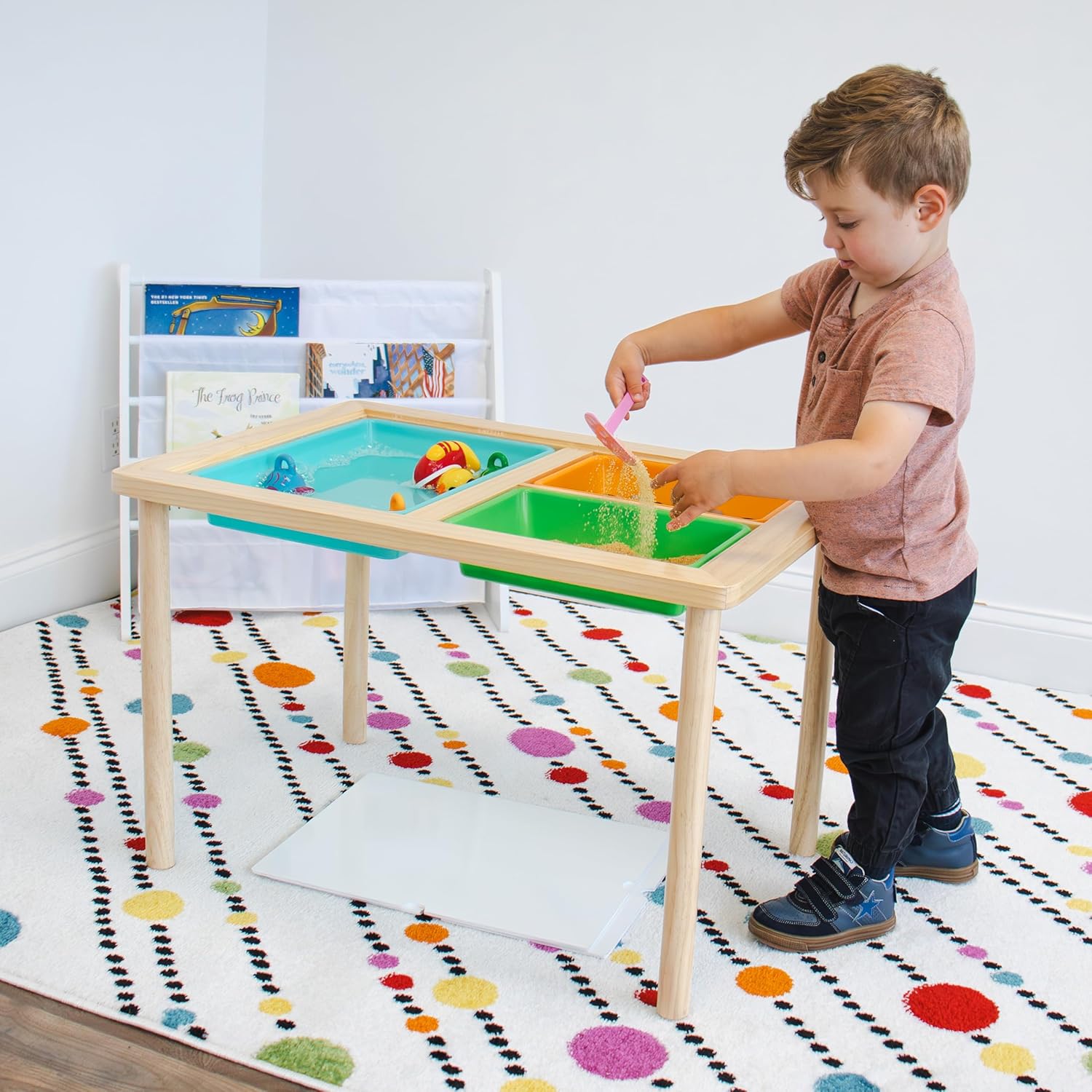 Interactive Toddler Sensory Play Table with 3 Multicolor Storage Bins with Cover, Solid Wood Construction, for Slime, Sand, Kinetic Sand, Water, Hands-On Learning
