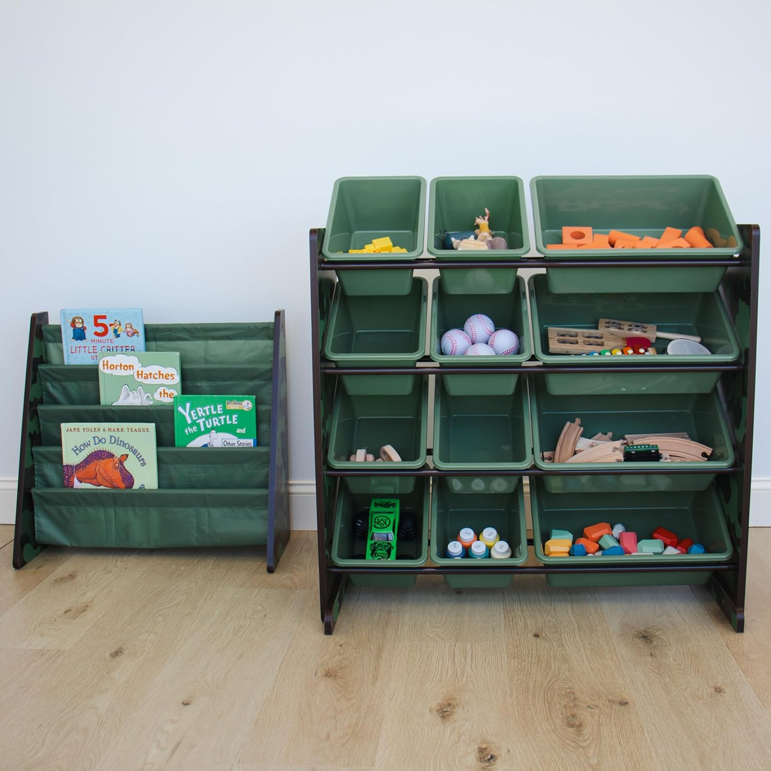 Humble Crew Hunter Toy Storage Organizer with 12 Plastic Storage Bins, Army Green Camo