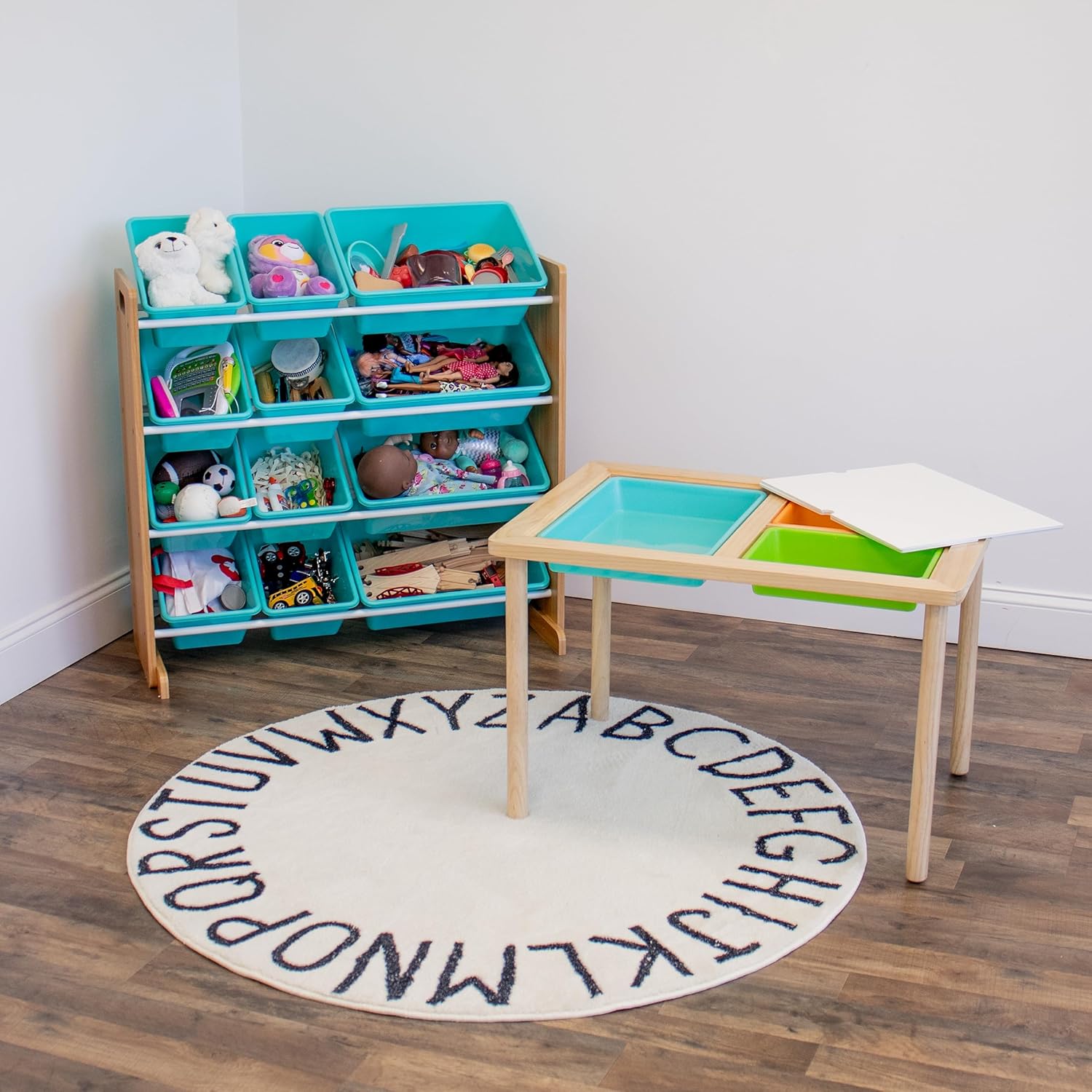 Interactive Toddler Sensory Play Table with 3 Multicolor Storage Bins with Cover, Solid Wood Construction, for Slime, Sand, Kinetic Sand, Water, Hands-On Learning