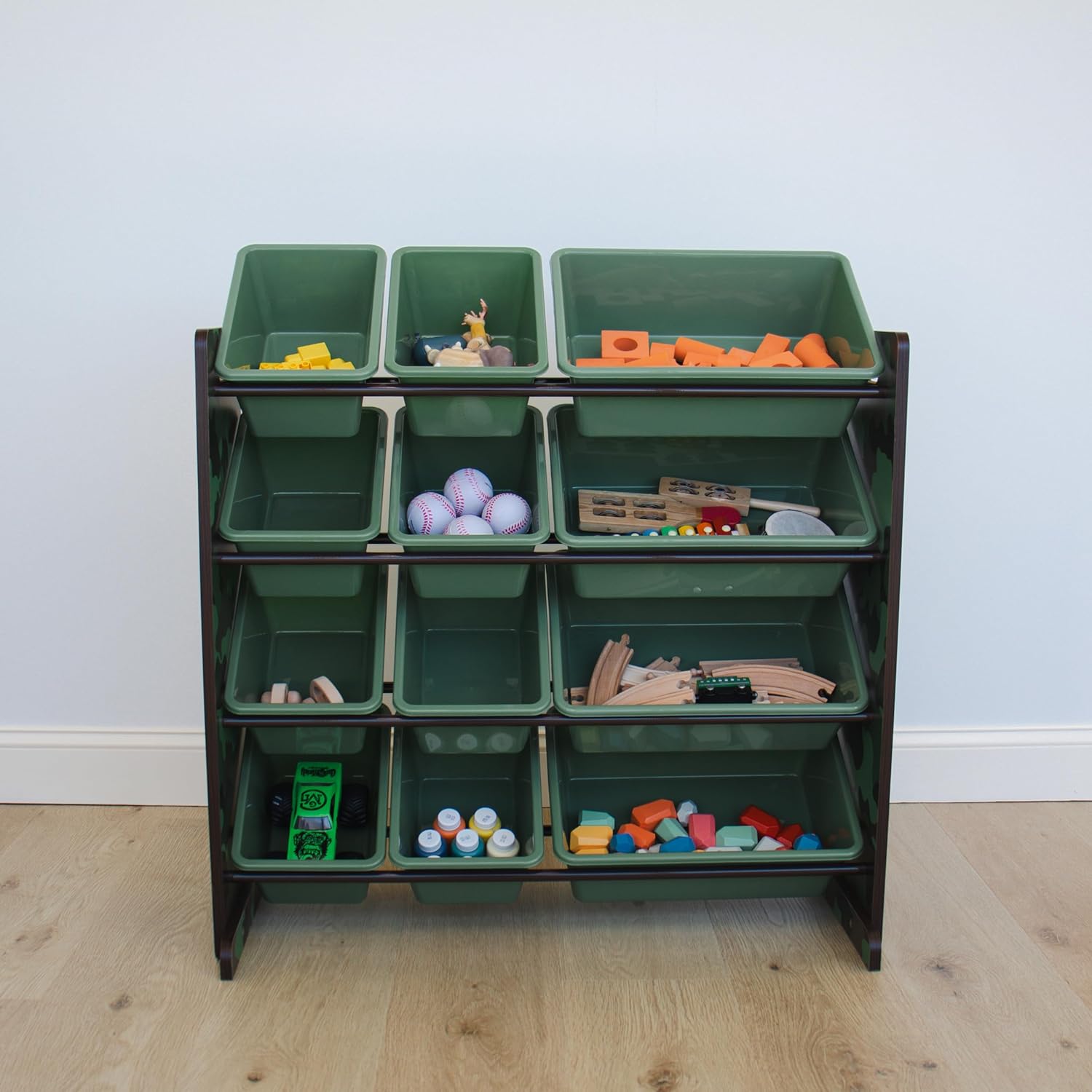 Humble Crew Hunter Toy Storage Organizer with 12 Plastic Storage Bins, Army Green Camo