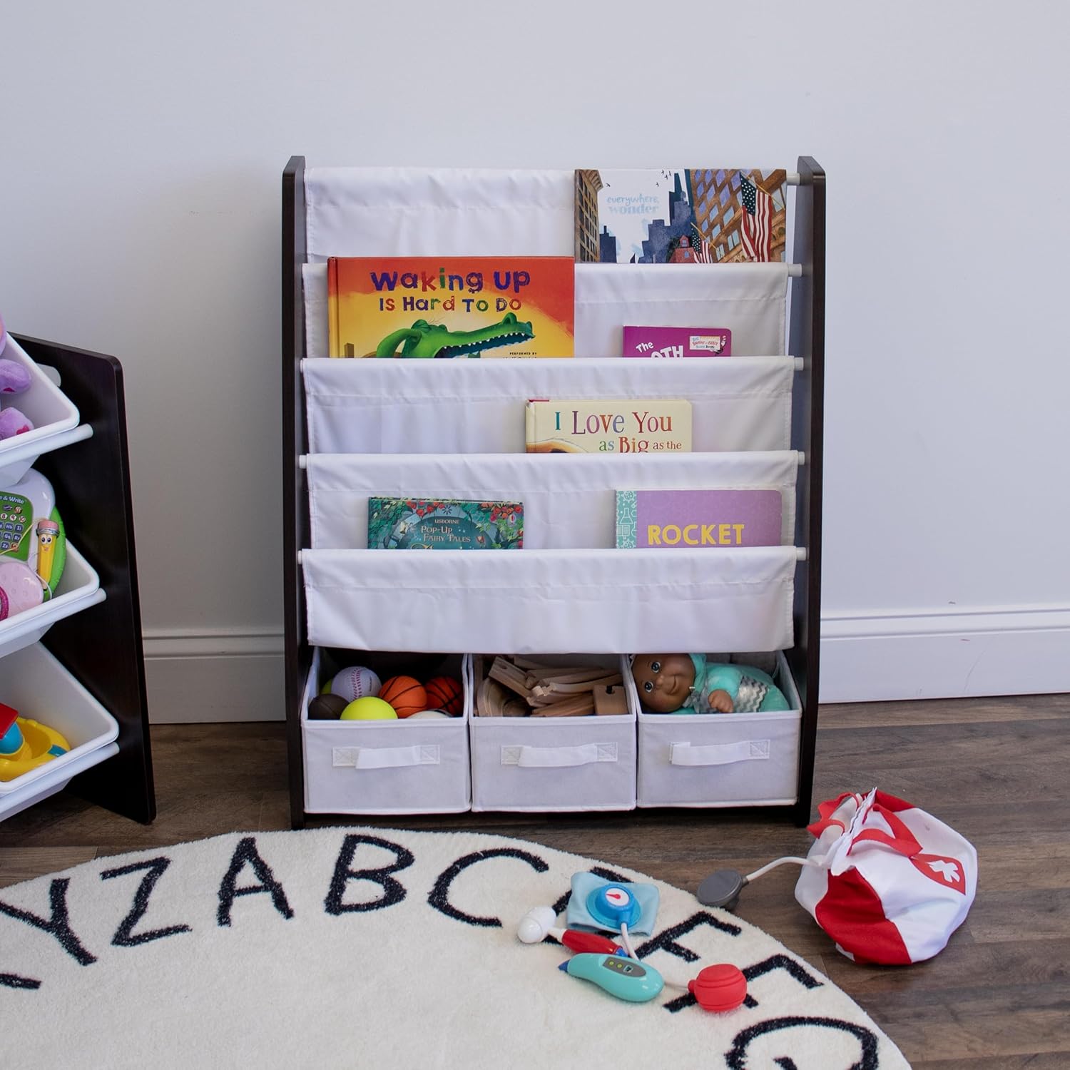 Humble Crew Kids Bookshelf 4 Tier Book Storage and Fabric Bin Organizer, Espresso