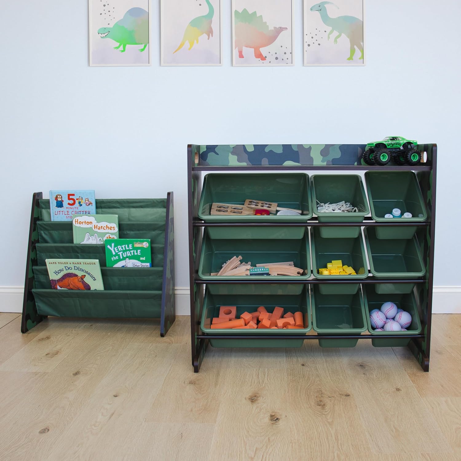 Humble Crew Hunter Toy Storage Organizer with Shelf and 9 Plastic Storage Bins, Army Green Camo