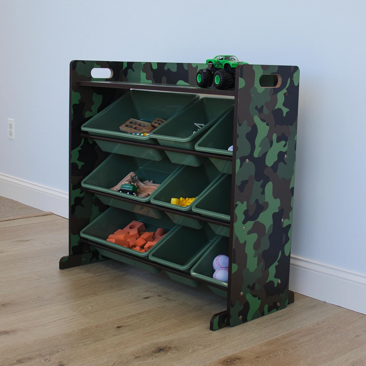 Humble Crew Hunter Toy Storage Organizer with Shelf and 9 Plastic Storage Bins, Army Green Camo