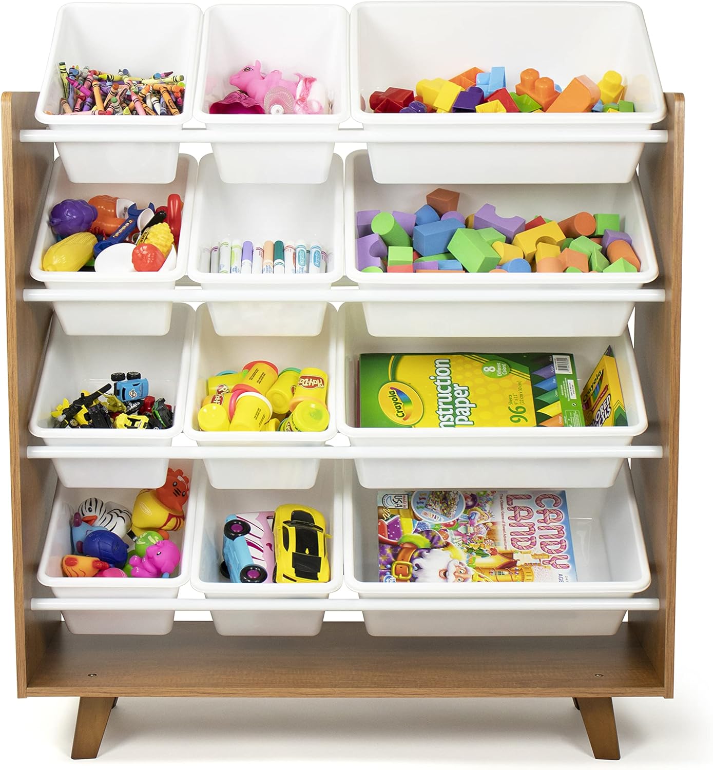 Humble Crew Morgan 12-Bin Toy Storage Mid-Century Organizer, Wood/White