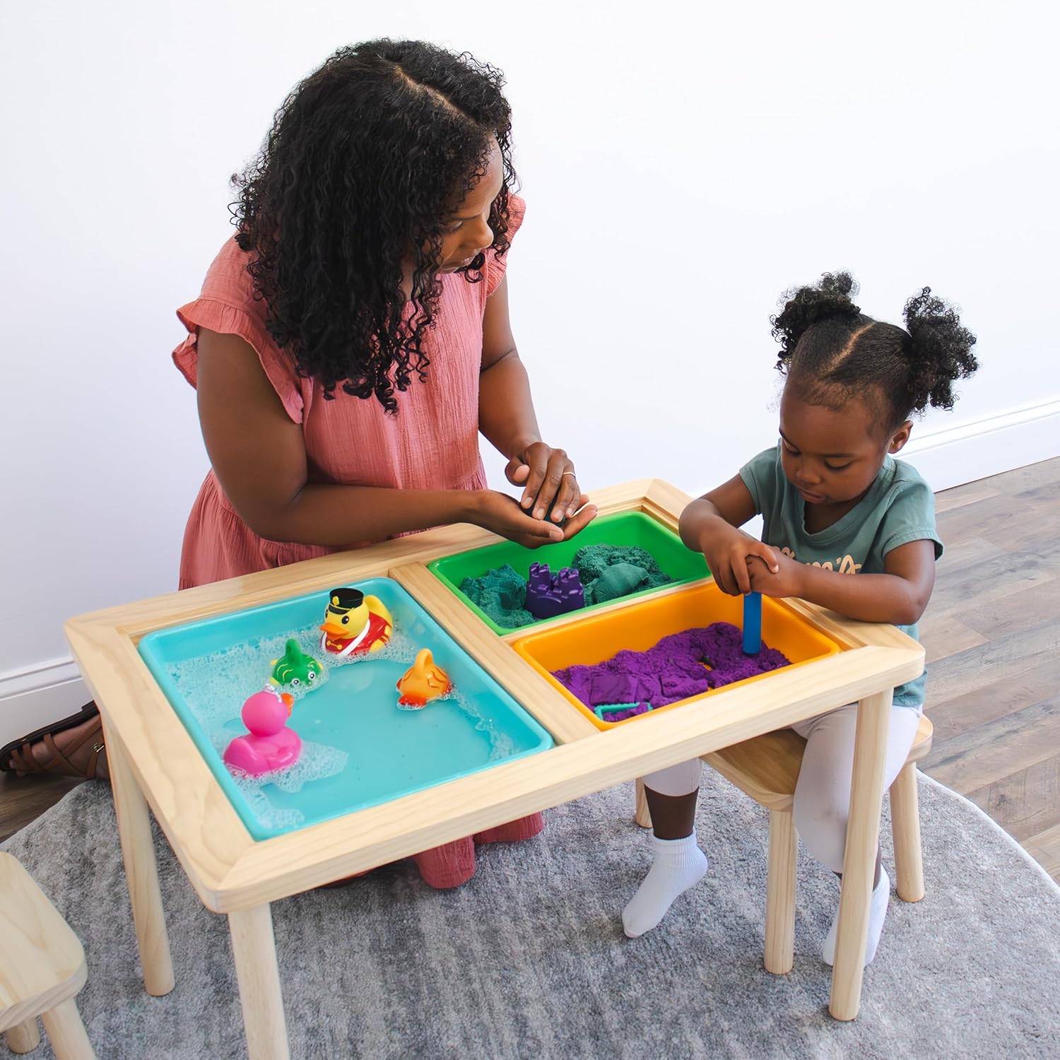 Interactive Toddler Sensory Play Table with 3 Multicolor Storage Bins with Cover, Solid Wood Construction, for Slime, Sand, Kinetic Sand, Water, Hands-On Learning