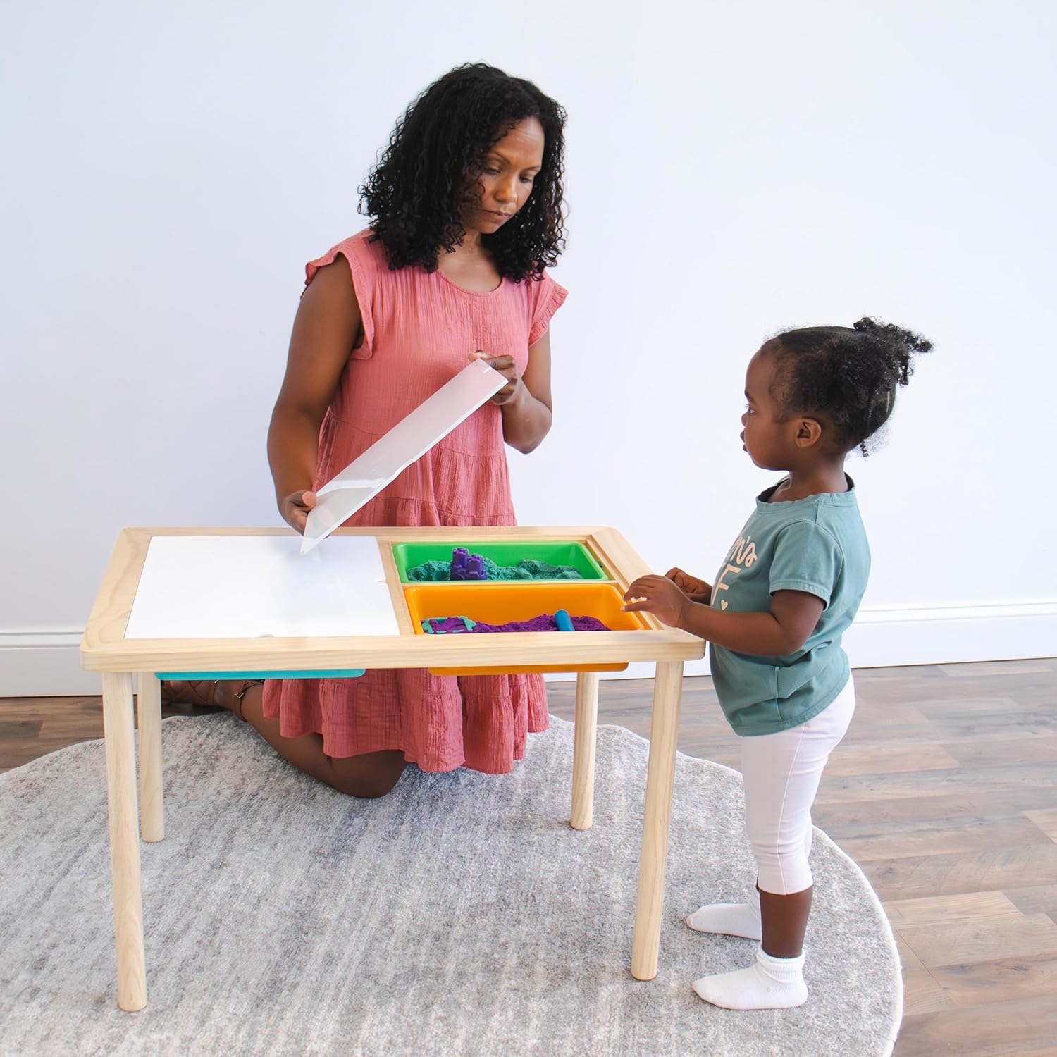 Interactive Toddler Sensory Play Table with 3 Multicolor Storage Bins with Cover, Solid Wood Construction, for Slime, Sand, Kinetic Sand, Water, Hands-On Learning