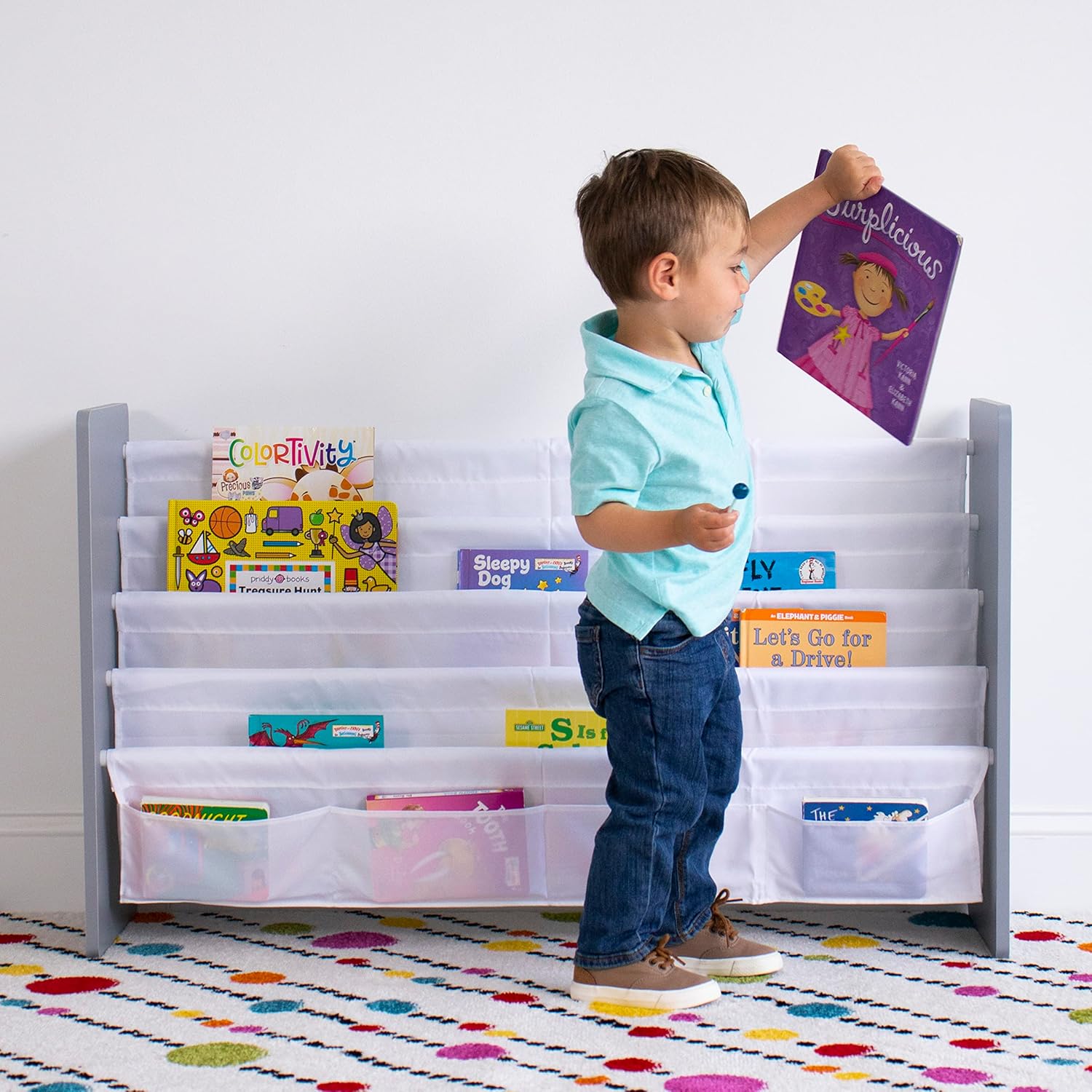 Inspire Extra Large Kids 4 Tier Bookrack with 4 Front Pockets for Smaller Books