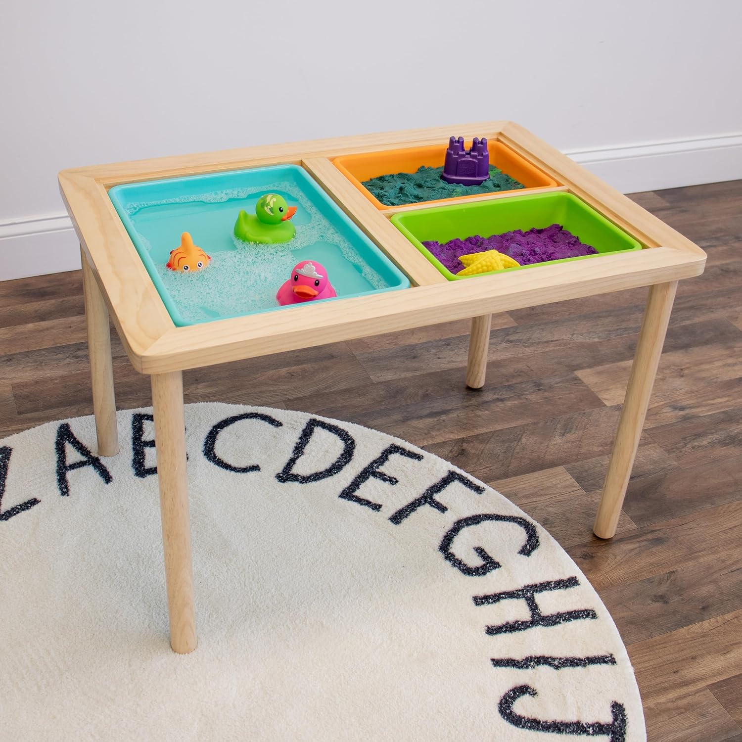 Interactive Toddler Sensory Play Table with 3 Multicolor Storage Bins with Cover, Solid Wood Construction, for Slime, Sand, Kinetic Sand, Water, Hands-On Learning