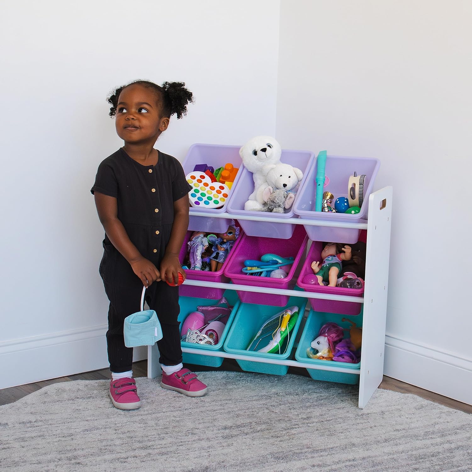 Humble Crew Forever Toy Storage Organizer with 9 Storage Bins, White/Pink/Purple/Aqua