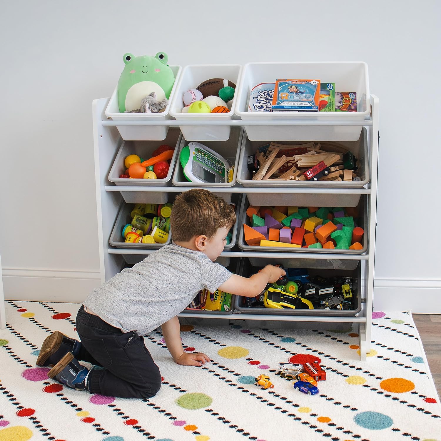 Humble Crew 12 Bin Toy Storage Organizer with Chalkboard, Eraser, and 2pc Chalk, White/Grey Gradient Ombre