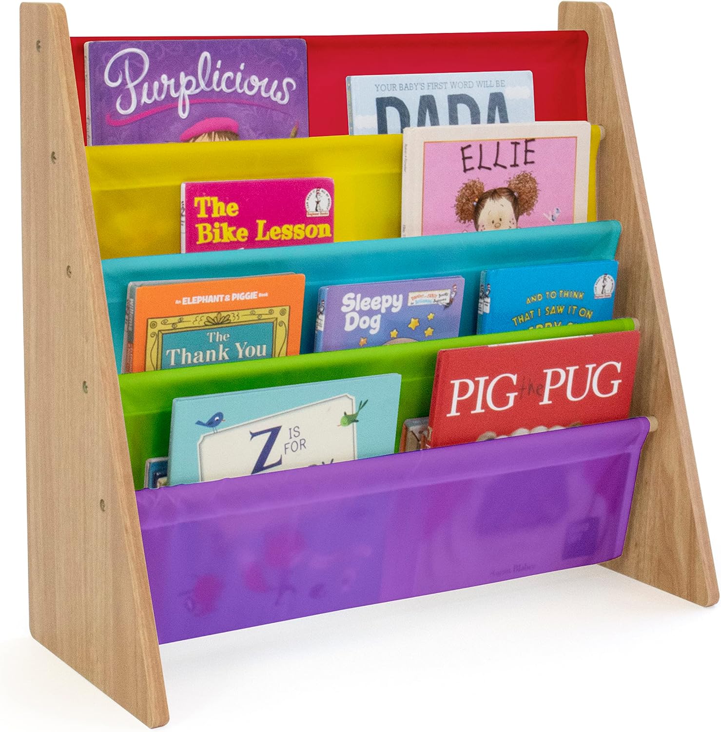 Humble Crew Kids Book Rack Storage Bookshelf, 4 Tiers, Rainbow/Natural Wood