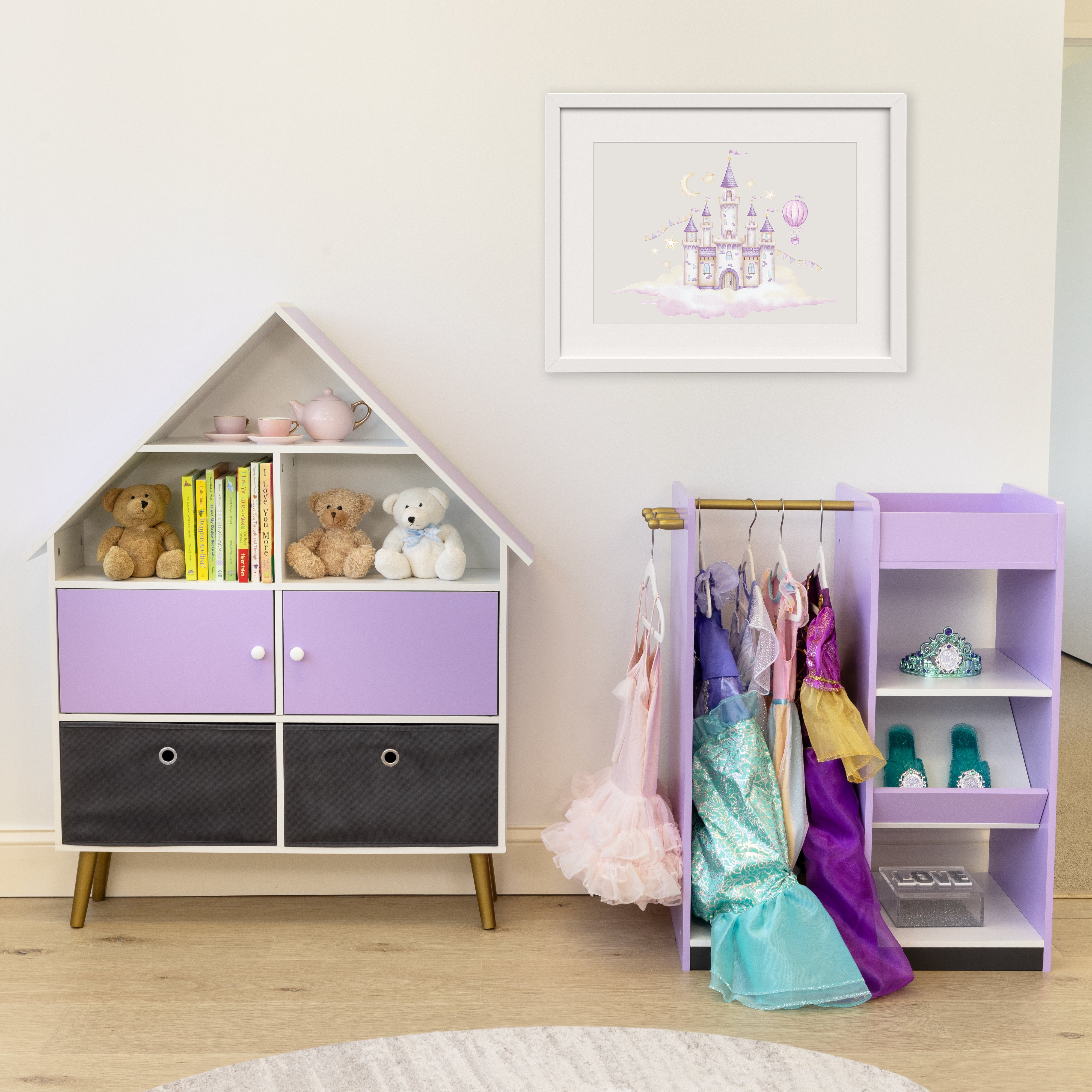 Humble Crew Violet Dollhouse Storage Organizer & Bookcase with 2 Fabric Bins, Purple/White
