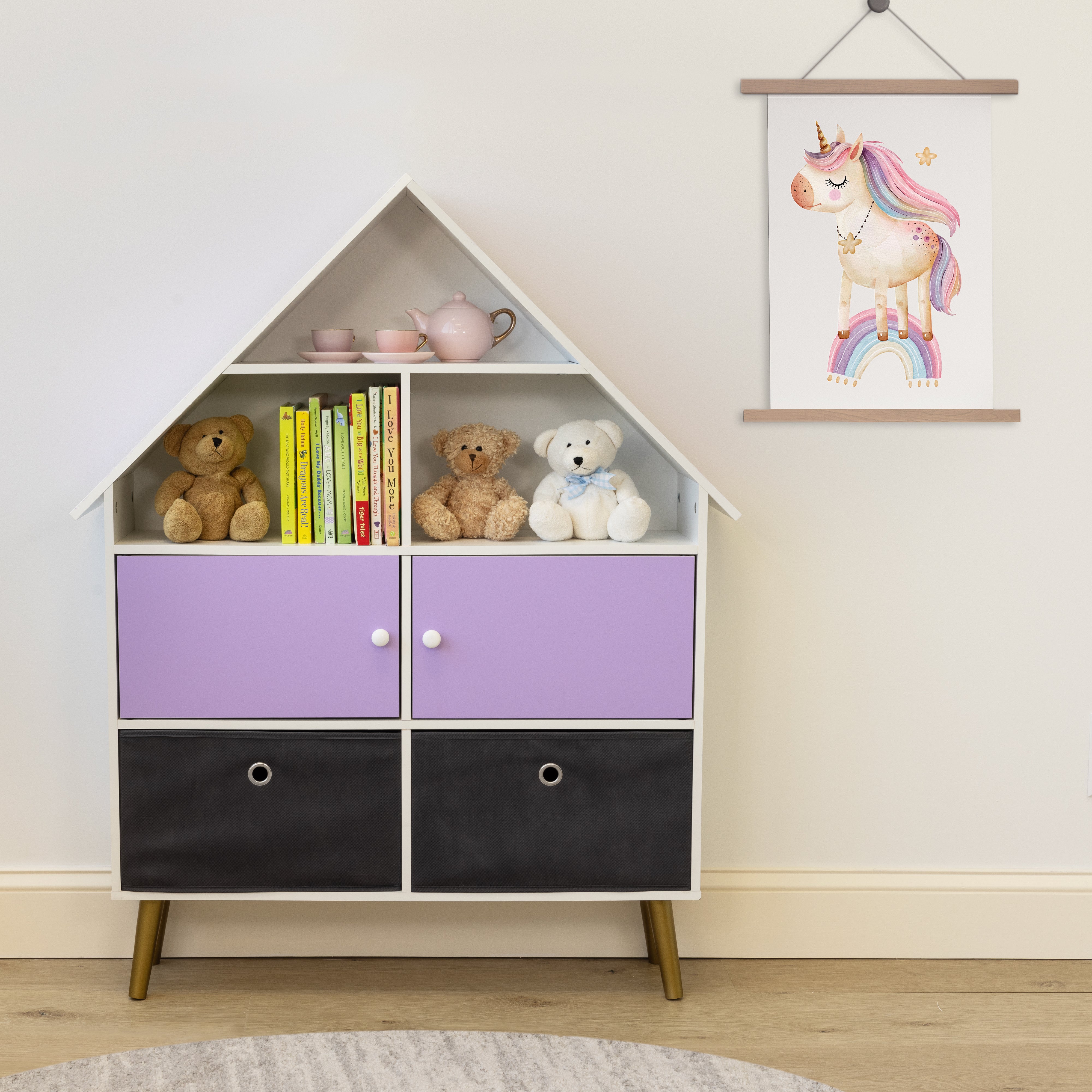 Humble Crew Violet Dollhouse Storage Organizer & Bookcase with 2 Fabric Bins, Purple/White