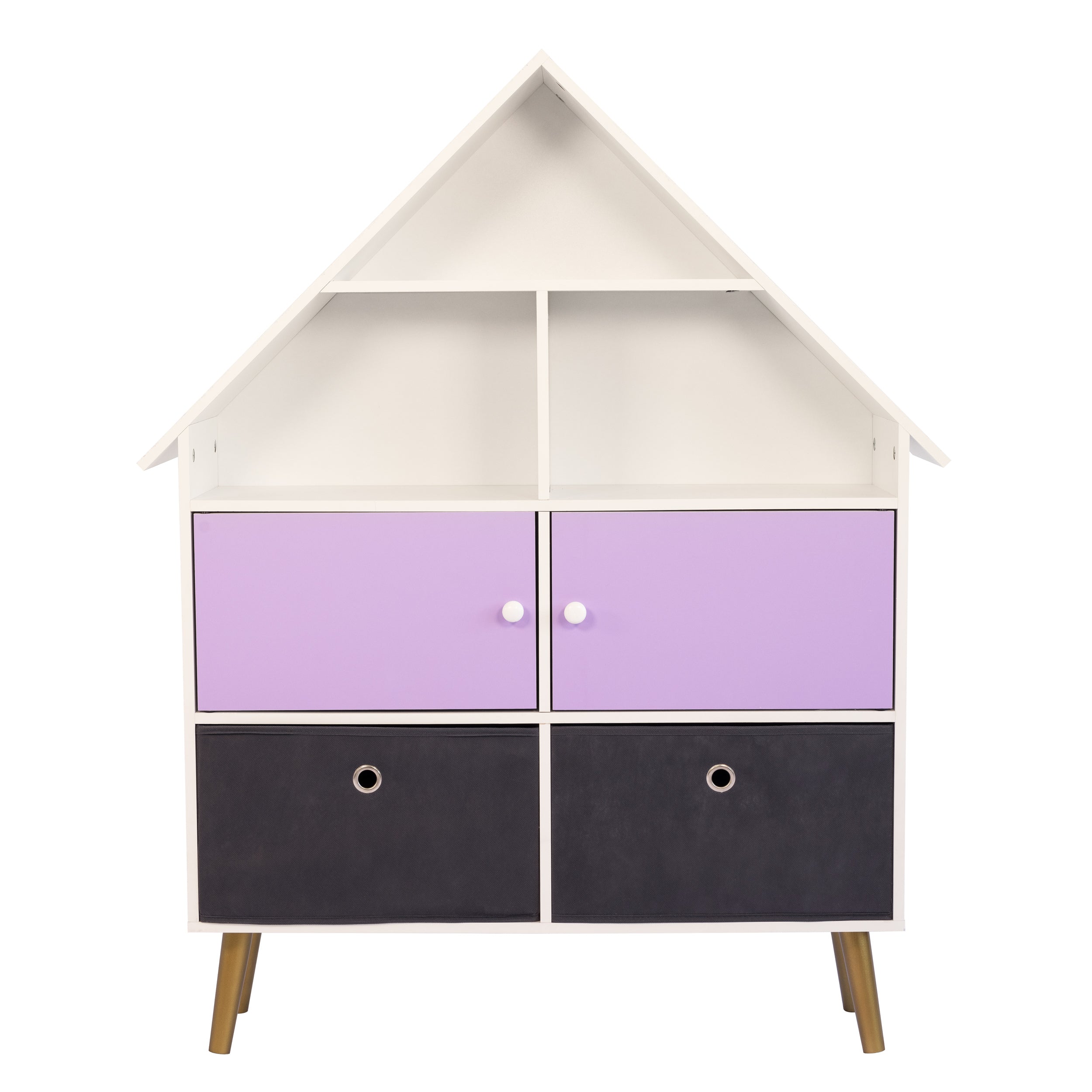 Humble Crew Violet Dollhouse Storage Organizer & Bookcase with 2 Fabric Bins, Purple/White
