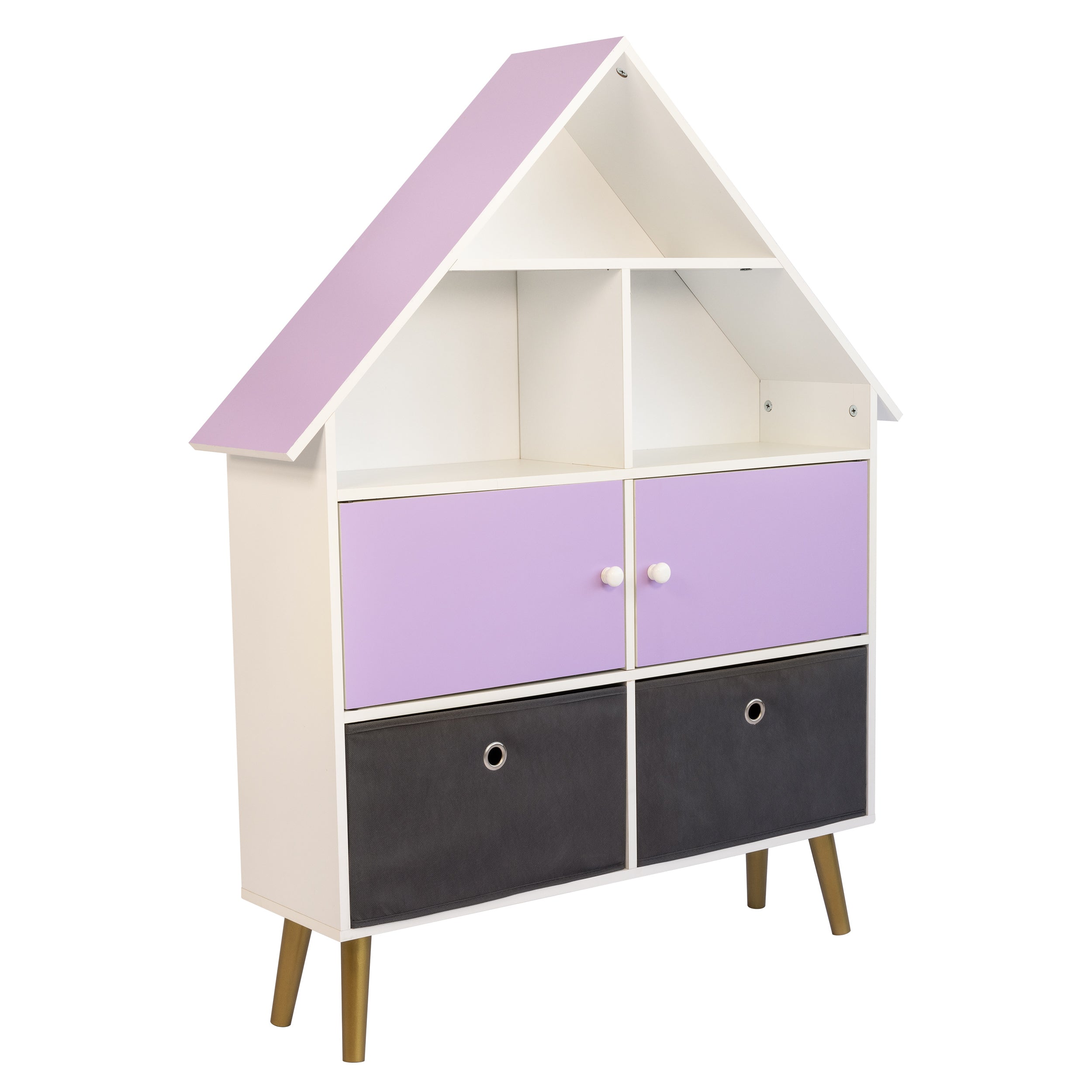 Humble Crew Violet Dollhouse Storage Organizer & Bookcase with 2 Fabric Bins, Purple/White