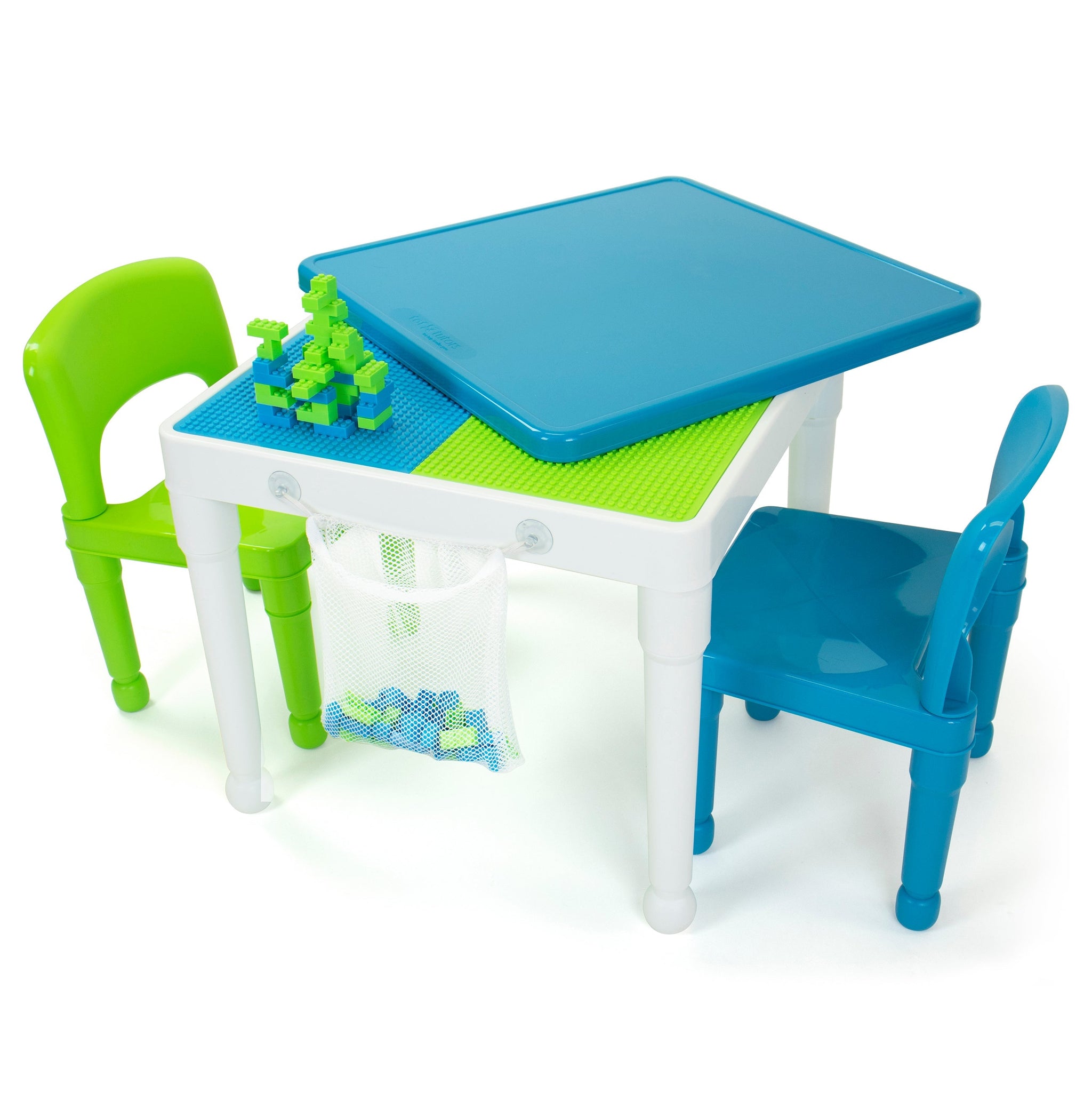 Kids 2-In-1 Square Activity Table and Chair Set with 100 Pc Plastic  Building Block Starter Set White/Green/Blue