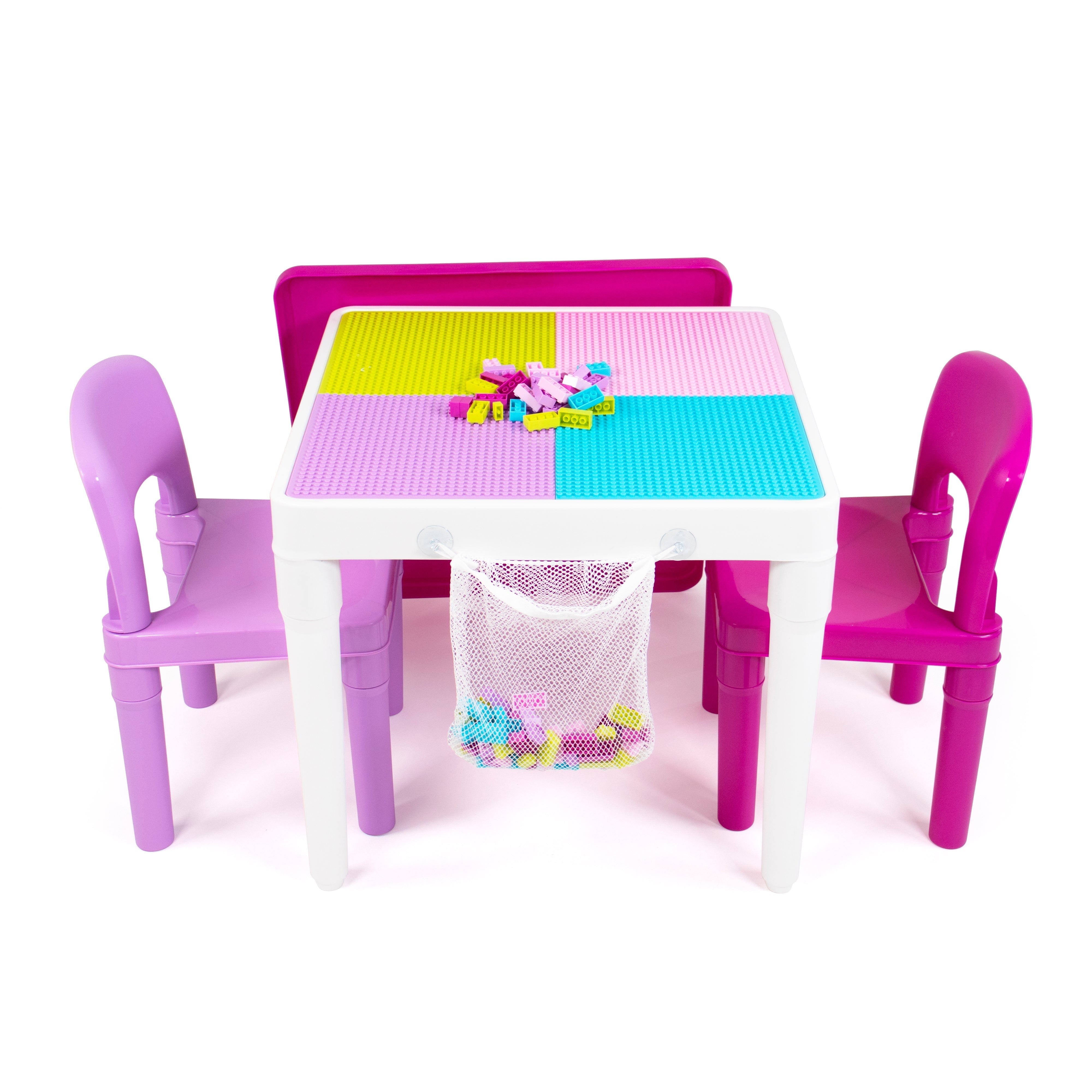 Kids 2-in-1 Plastic Building Blocks-Compatible Activity Table and 2 Chairs Set, Square, Pink/Purple/White