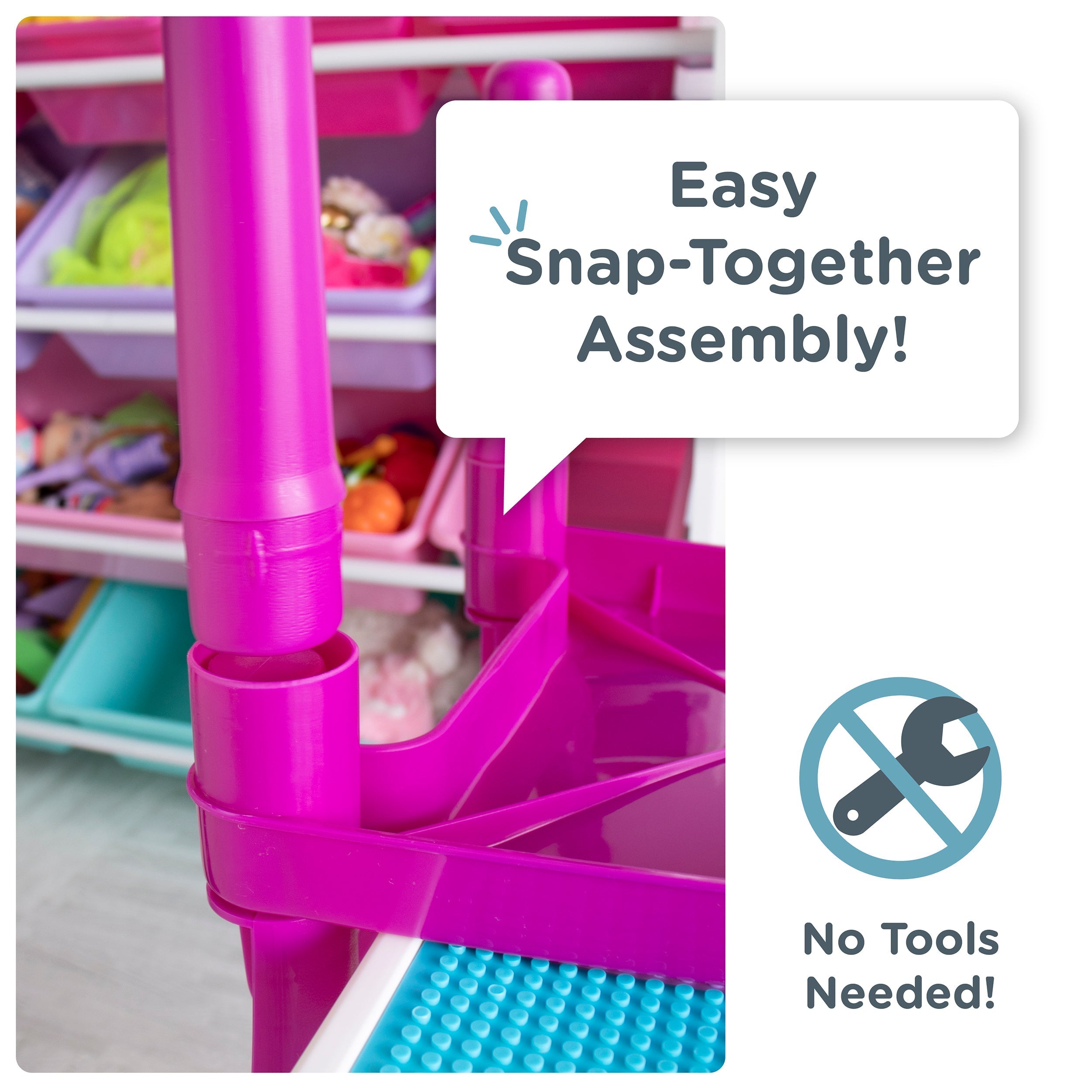 Kids 2-in-1 Plastic Building Blocks-Compatible Activity Table and 2 Chairs Set, Square, Pink/Purple/White