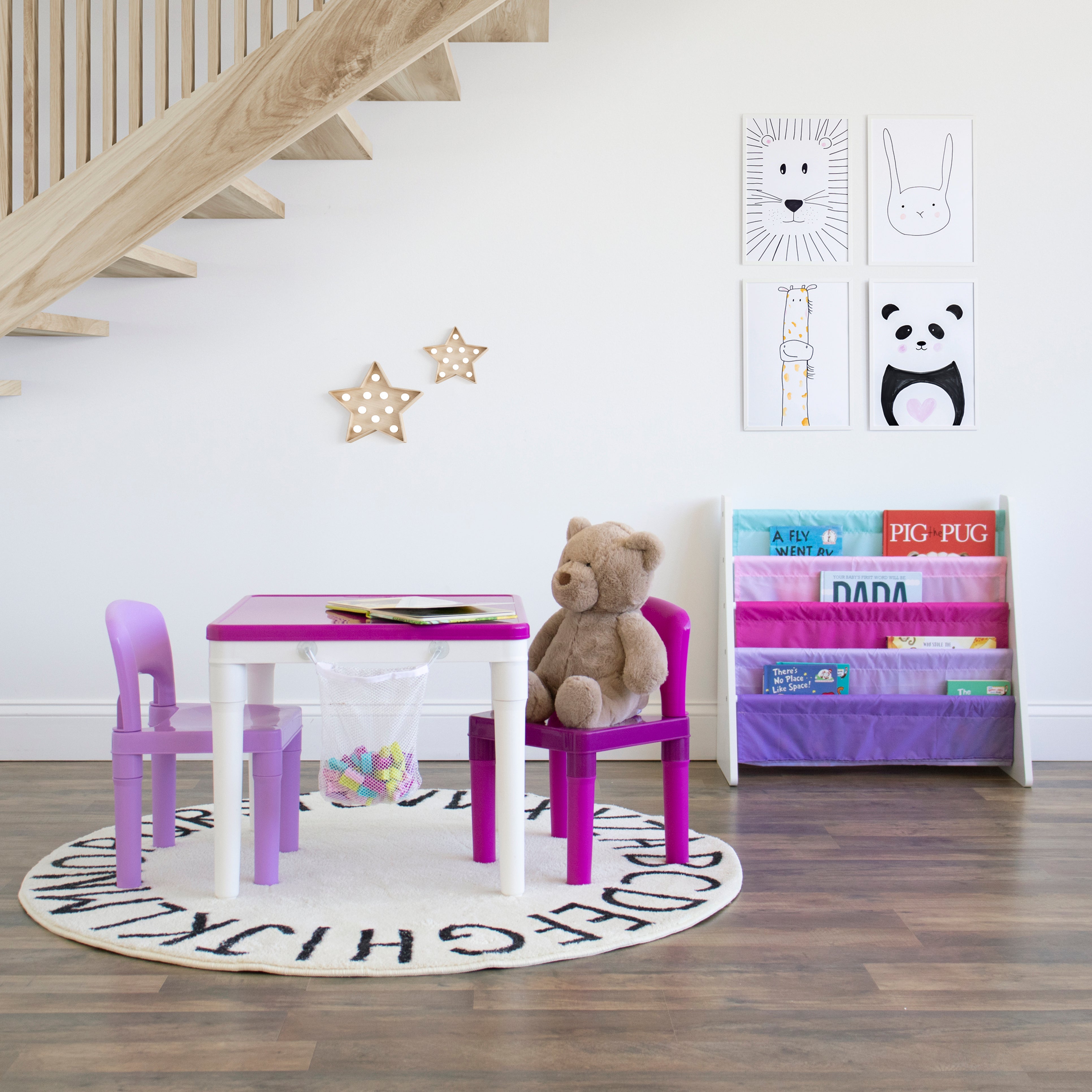 Kids 2-in-1 Plastic Building Blocks-Compatible Activity Table and 2 Chairs Set, Square, Pink/Purple/White