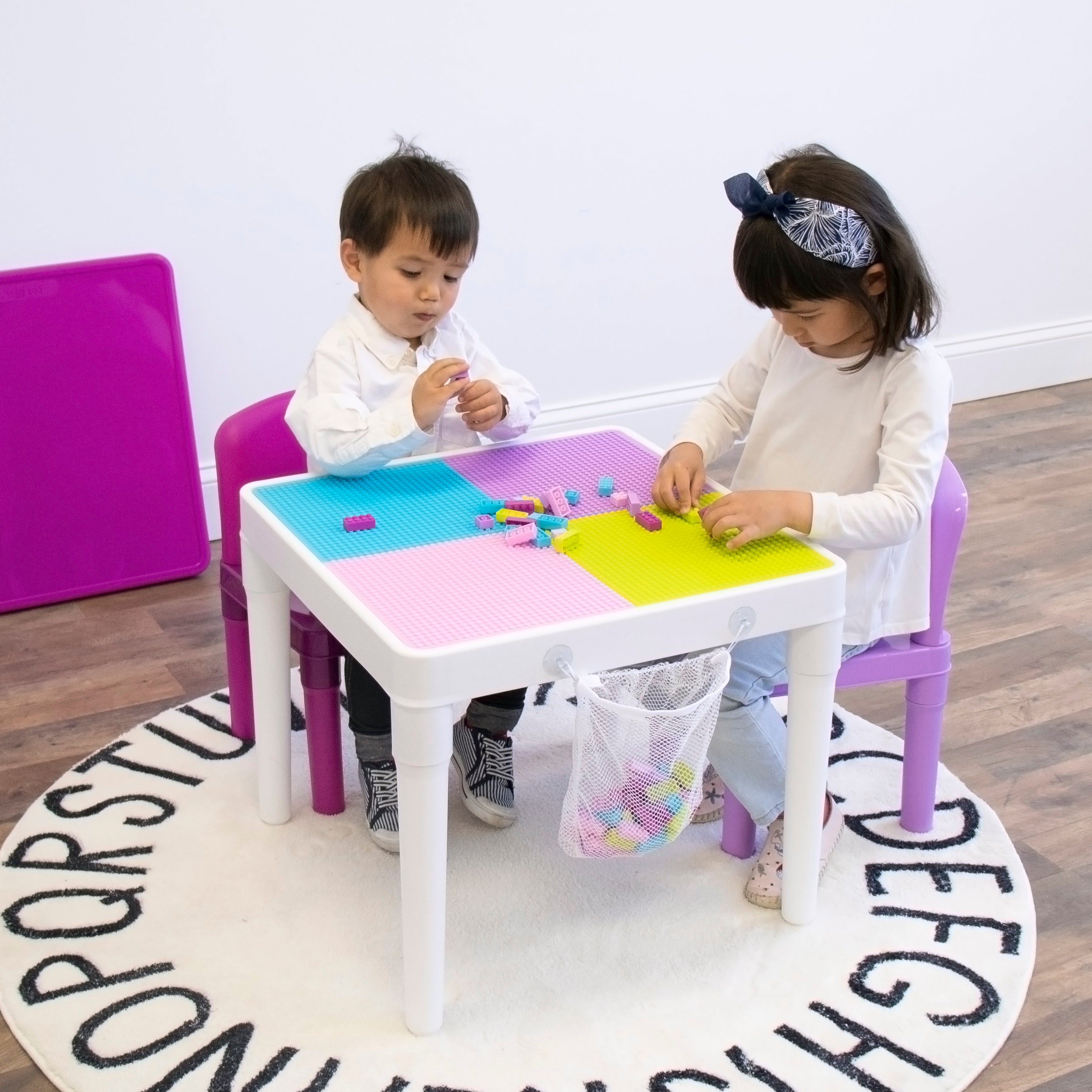 Kids 2-in-1 Plastic Building Blocks-Compatible Activity Table and 2 Chairs Set, Square, Pink/Purple/White