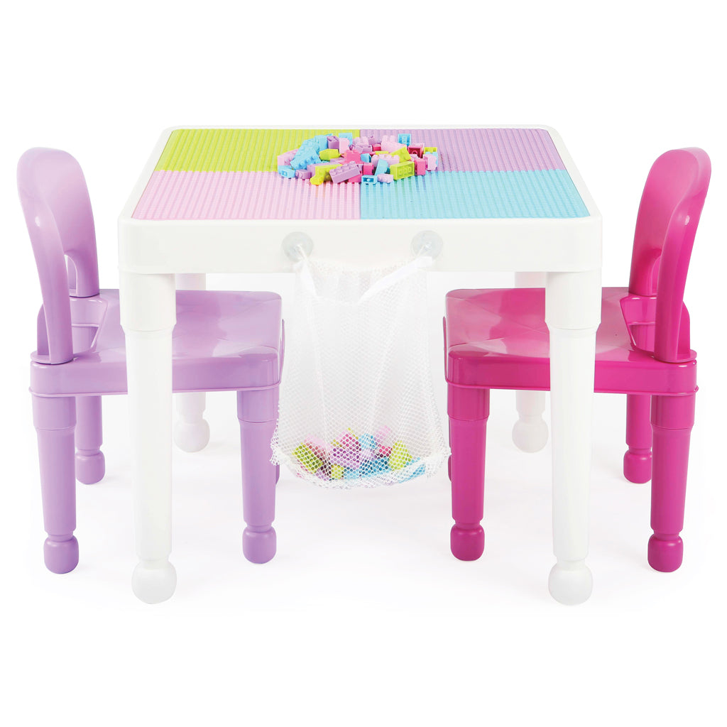 Kids 2-in-1 Plastic Building Blocks-Compatible Activity Table and 2 Chairs Set, Square, Pink/Purple/White