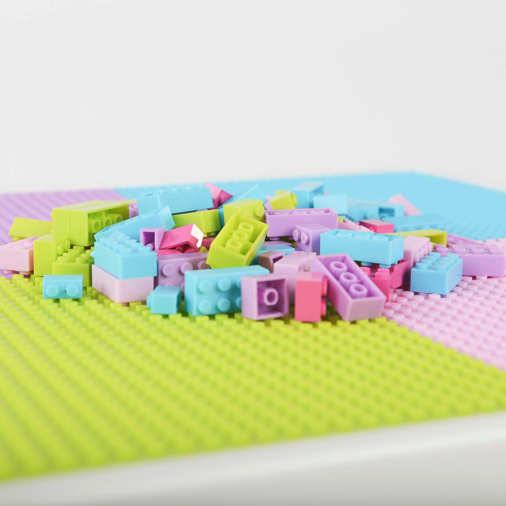 Kids 2-in-1 Plastic Building Blocks-Compatible Activity Table and 2 Chairs Set, Square, Pink/Purple/White