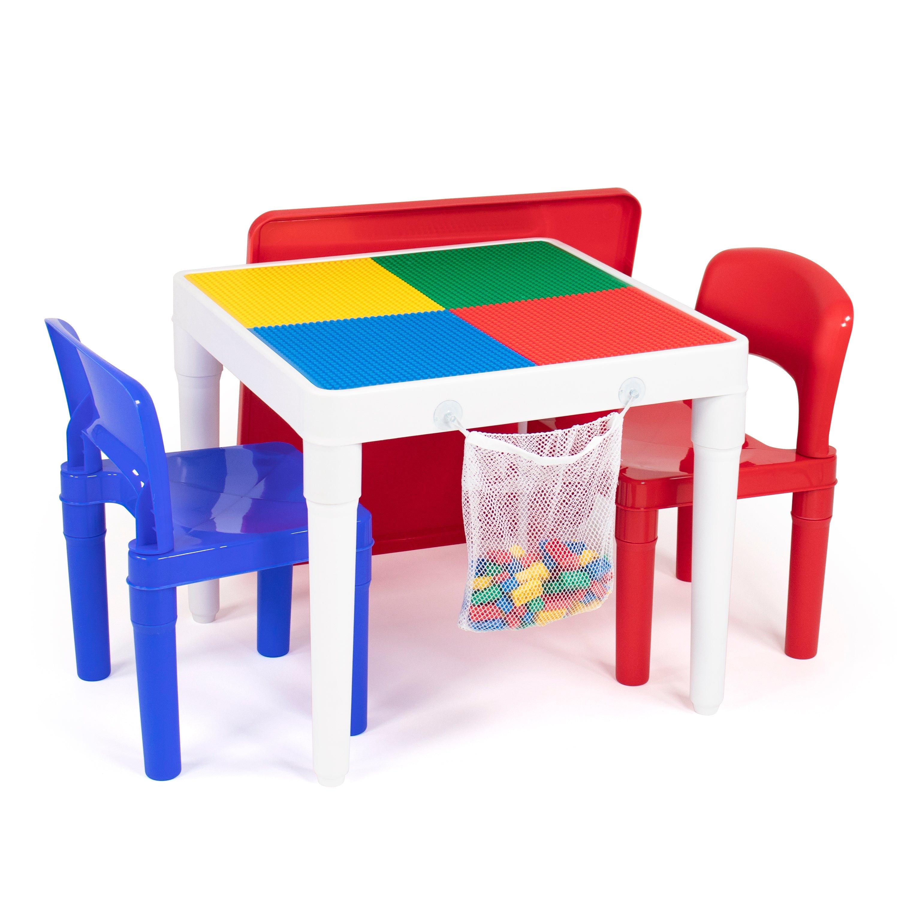 Kids 2-in-1 Plastic Building Blocks-Compatible Activity Table and 2 Chairs Set, Square, White/Blue/Red