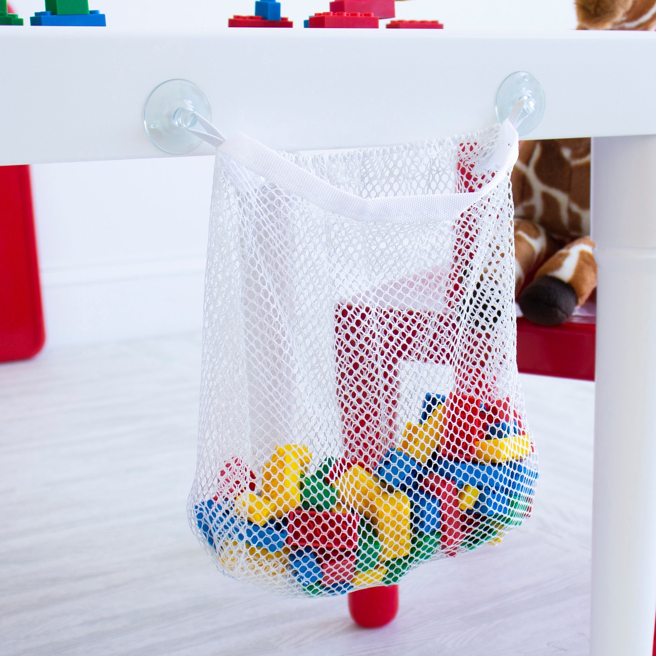 Kids 2-in-1 Plastic Building Blocks-Compatible Activity Table and 2 Chairs Set, Square, White/Blue/Red