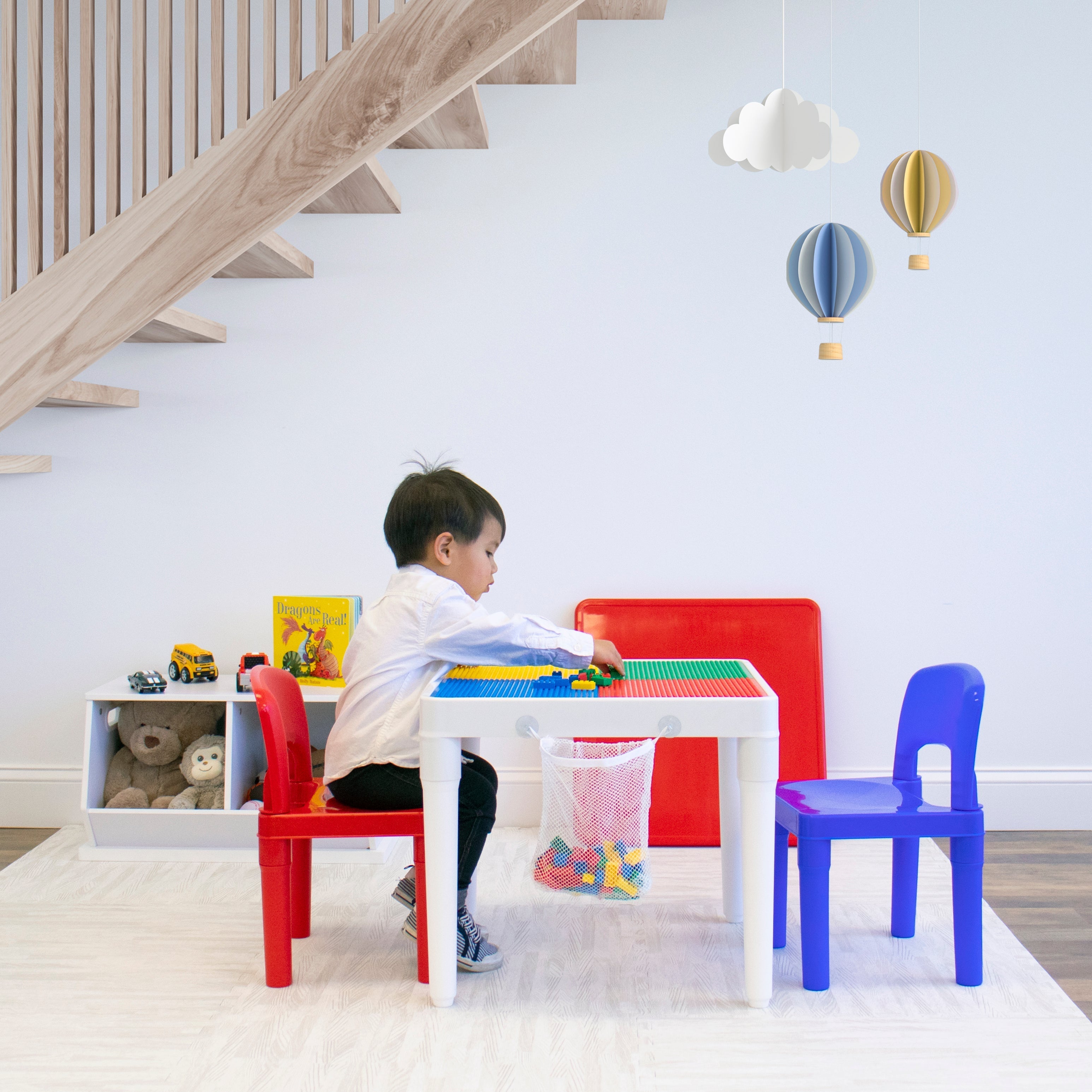 Kids 2-in-1 Plastic Building Blocks-Compatible Activity Table and 2 Chairs Set, Square, White/Blue/Red