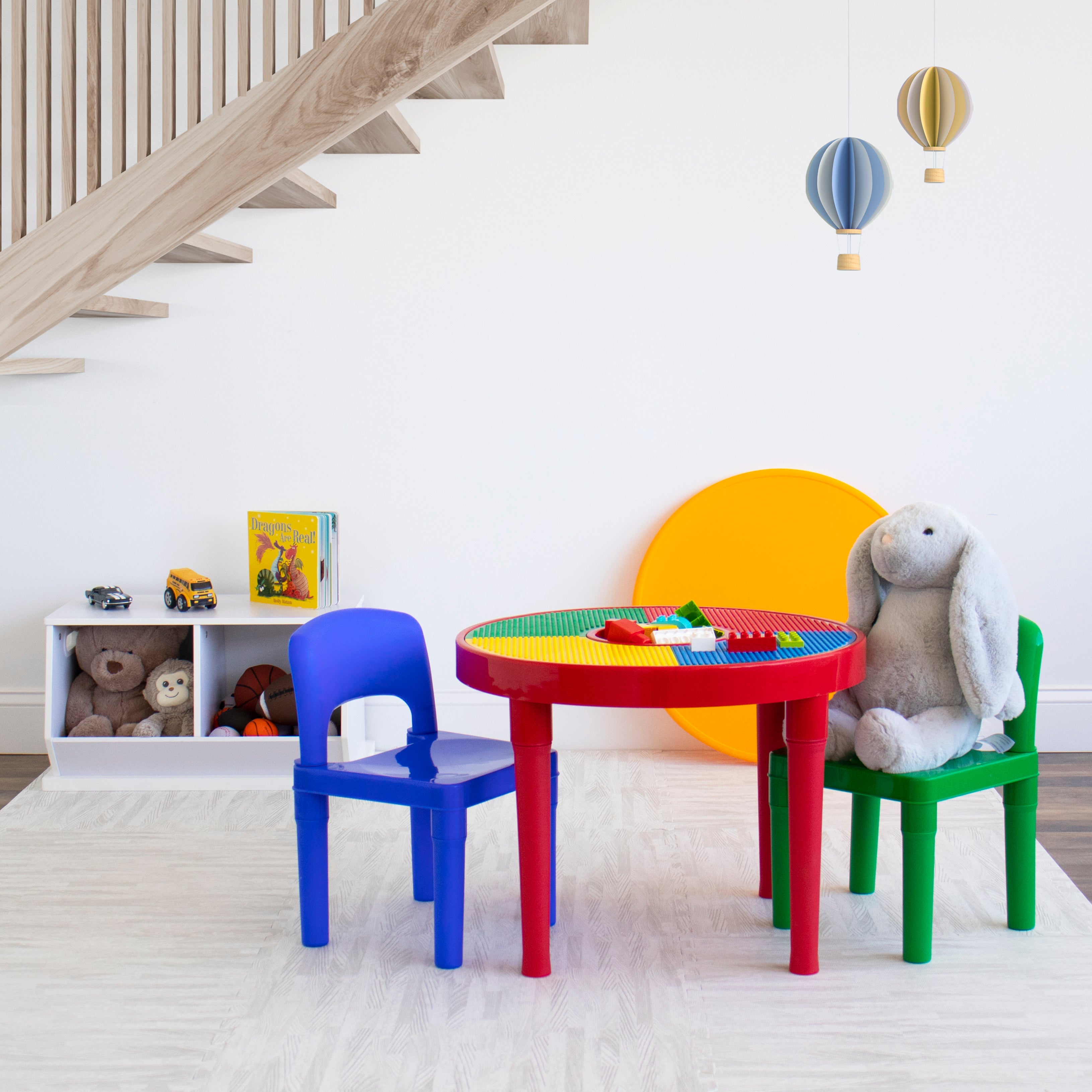 Primary Kids 2-in-1 Plastic Building Blocks-Compatible, Dry Erase Activity Table and 2 Chairs Set, Red/Green/Blue