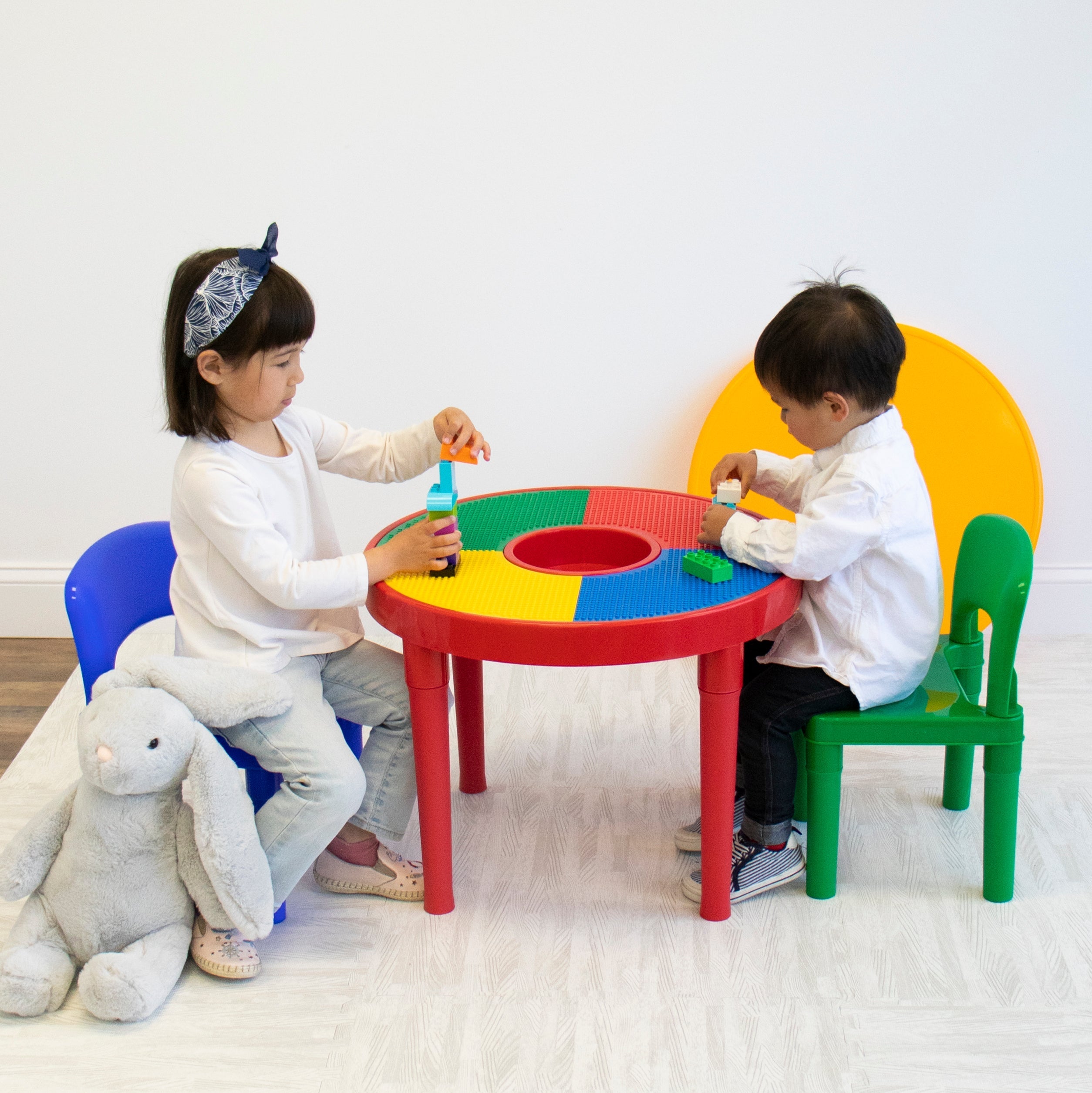Primary Kids 2-in-1 Plastic Building Blocks-Compatible, Dry Erase Activity Table and 2 Chairs Set, Red/Green/Blue