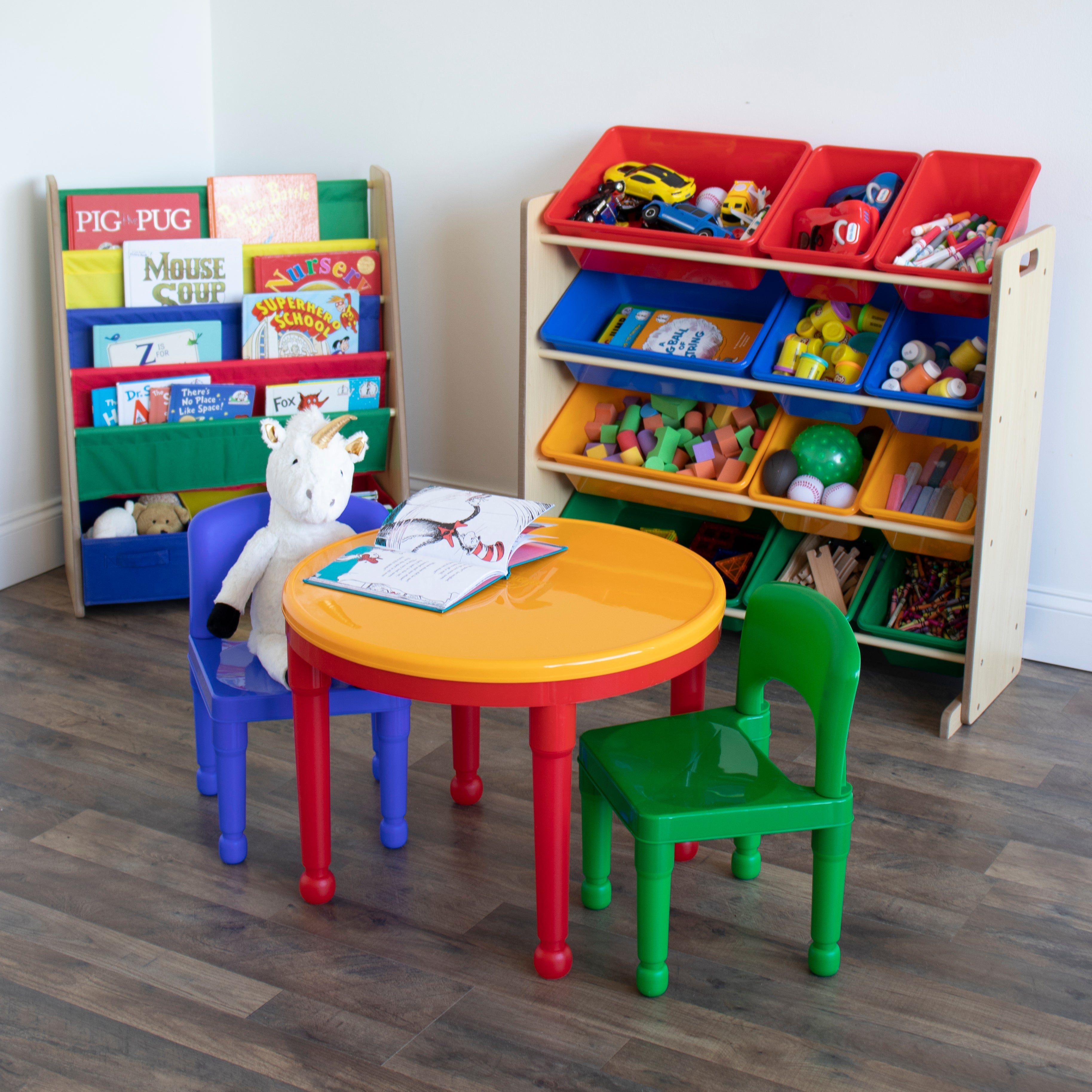 Primary Kids 2-in-1 Plastic Building Blocks-Compatible, Dry Erase Activity Table and 2 Chairs Set, Red/Green/Blue