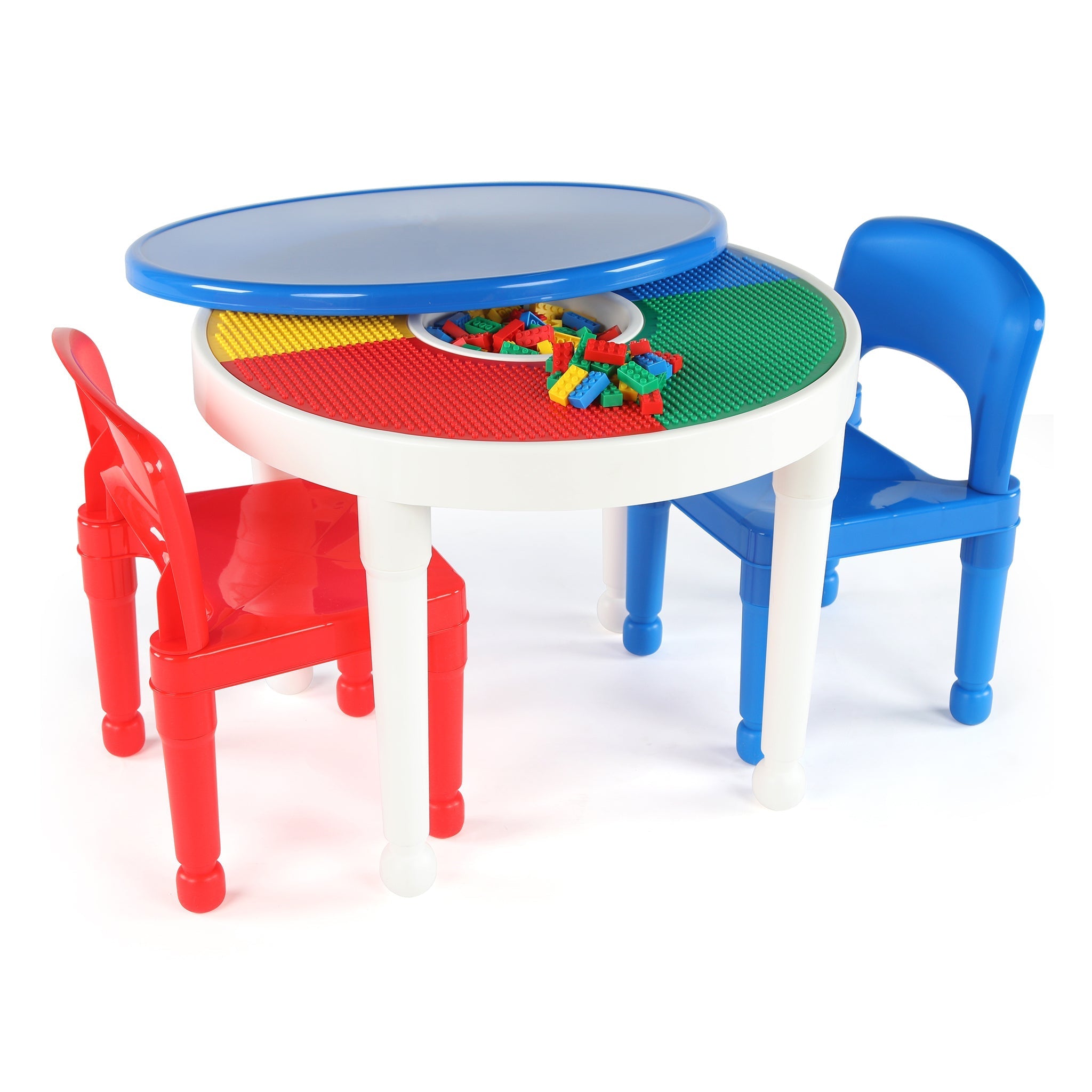 Kids Activity Building Block Play Table & 2 Chairs Set, White/Primary