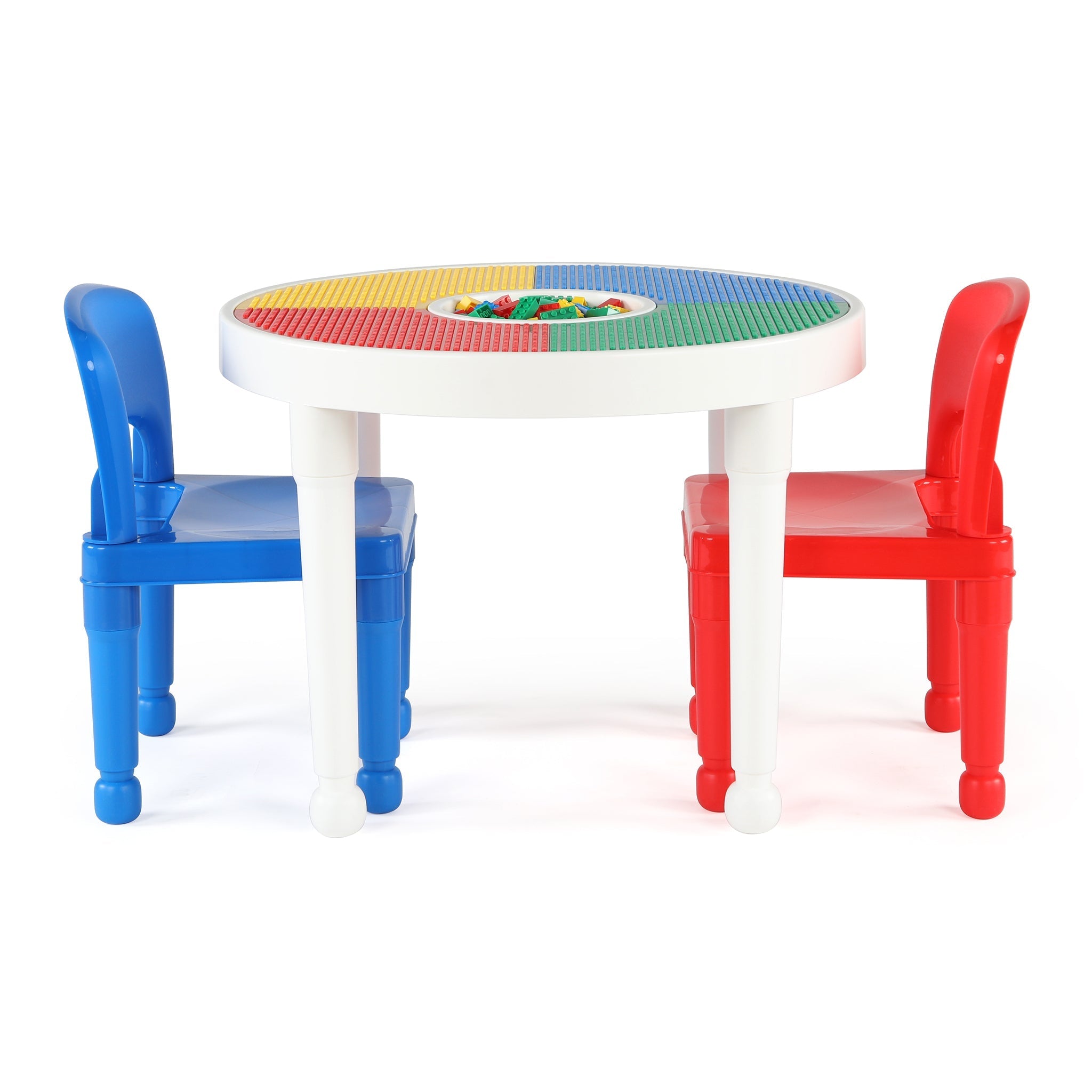 Kids Activity Building Block Play Table & 2 Chairs Set, White/Primary