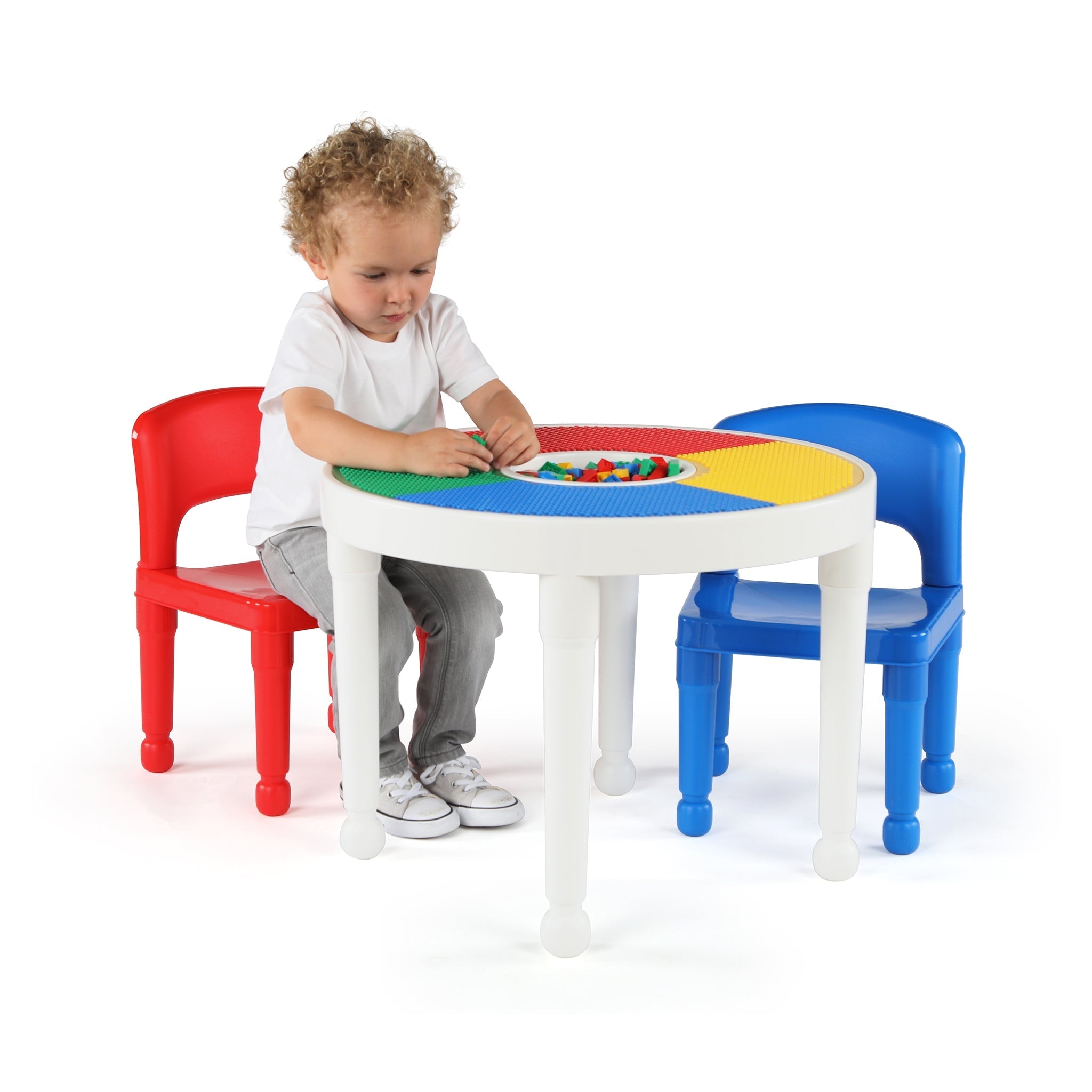 Kids Activity Building Block Play Table & 2 Chairs Set, White/Primary