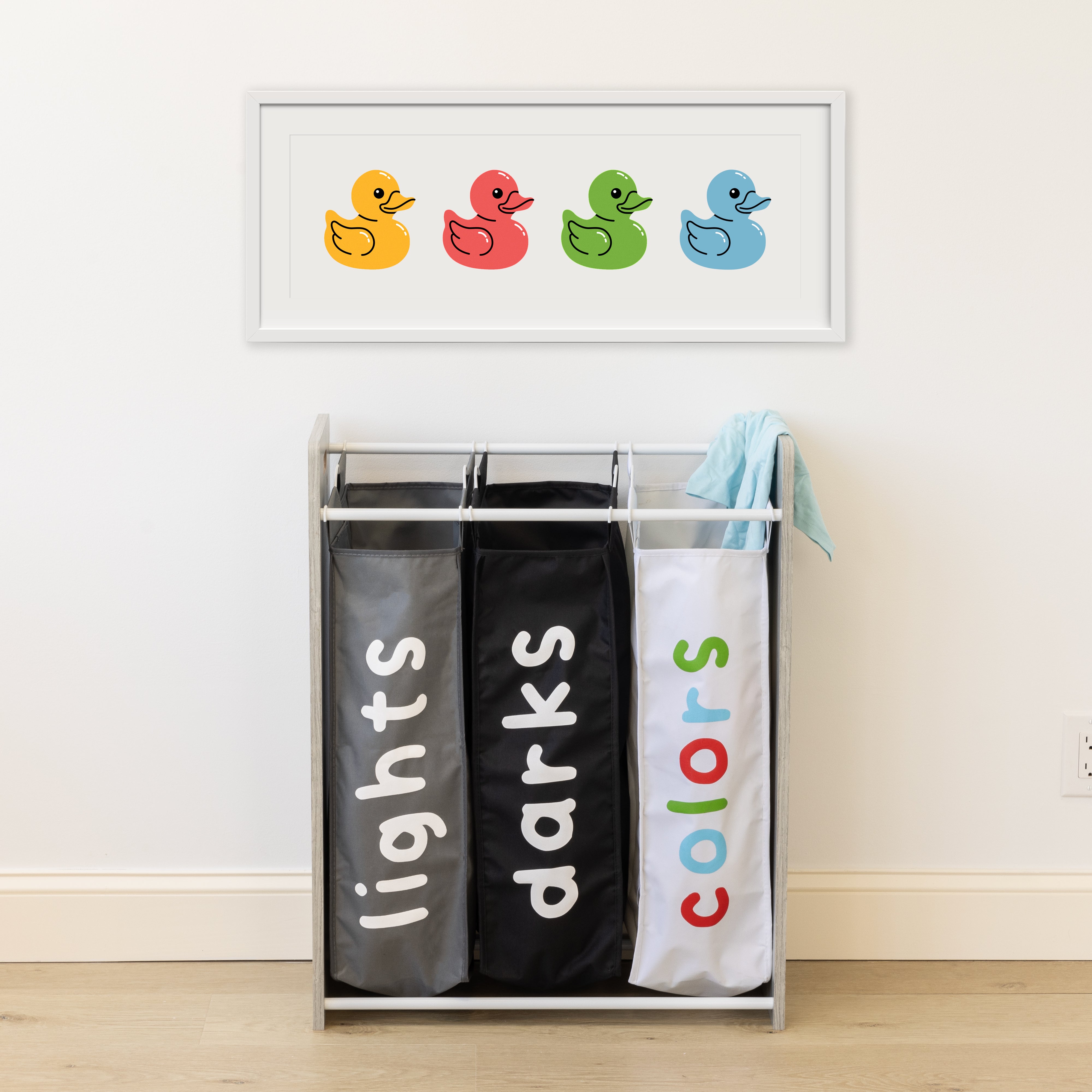 Humble Crew Slate Kids Laundry Organizer with 3 Removable Laundry Hampers, Grey Woodgrain/White