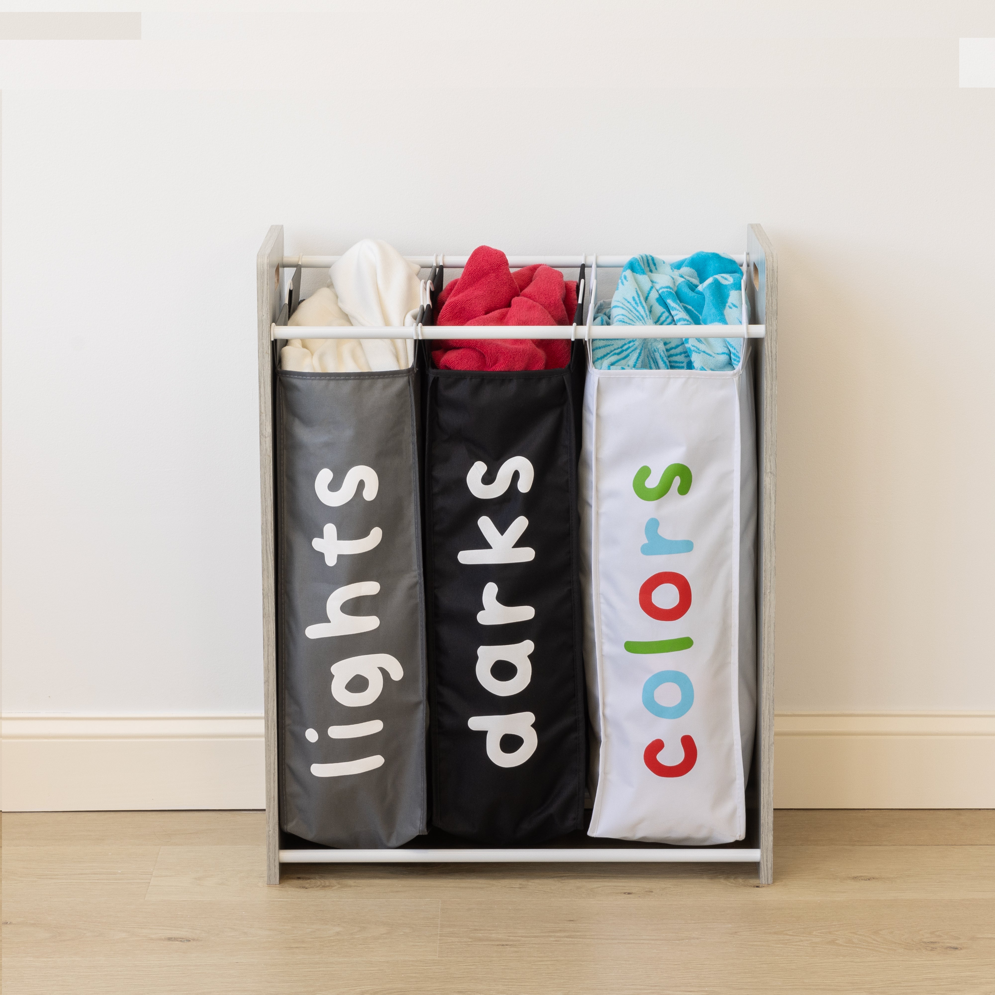 Humble Crew Slate Kids Laundry Organizer with 3 Removable Laundry Hampers, Grey Woodgrain/White
