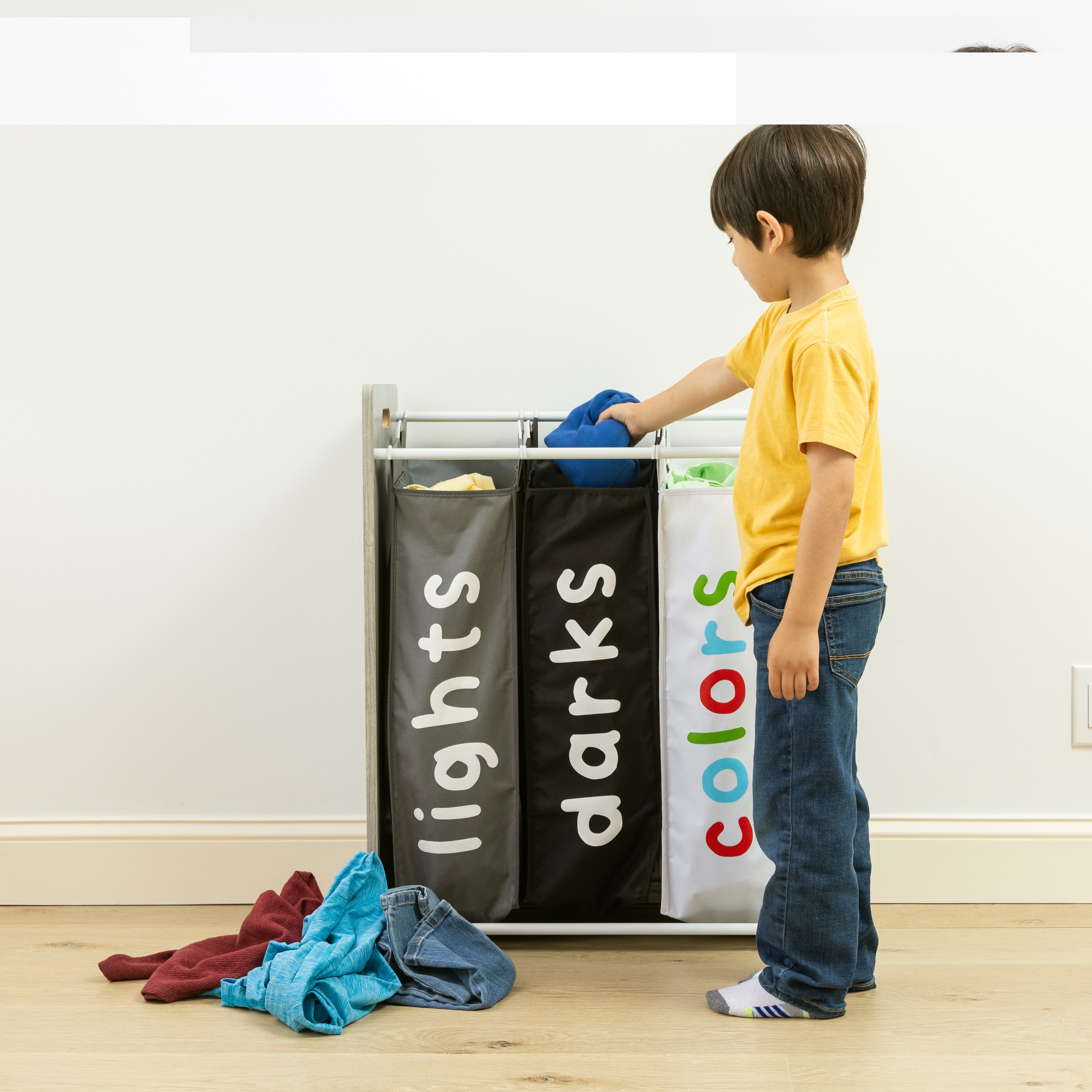 Humble Crew Slate Kids Laundry Organizer with 3 Removable Laundry Hampers, Grey Woodgrain/White
